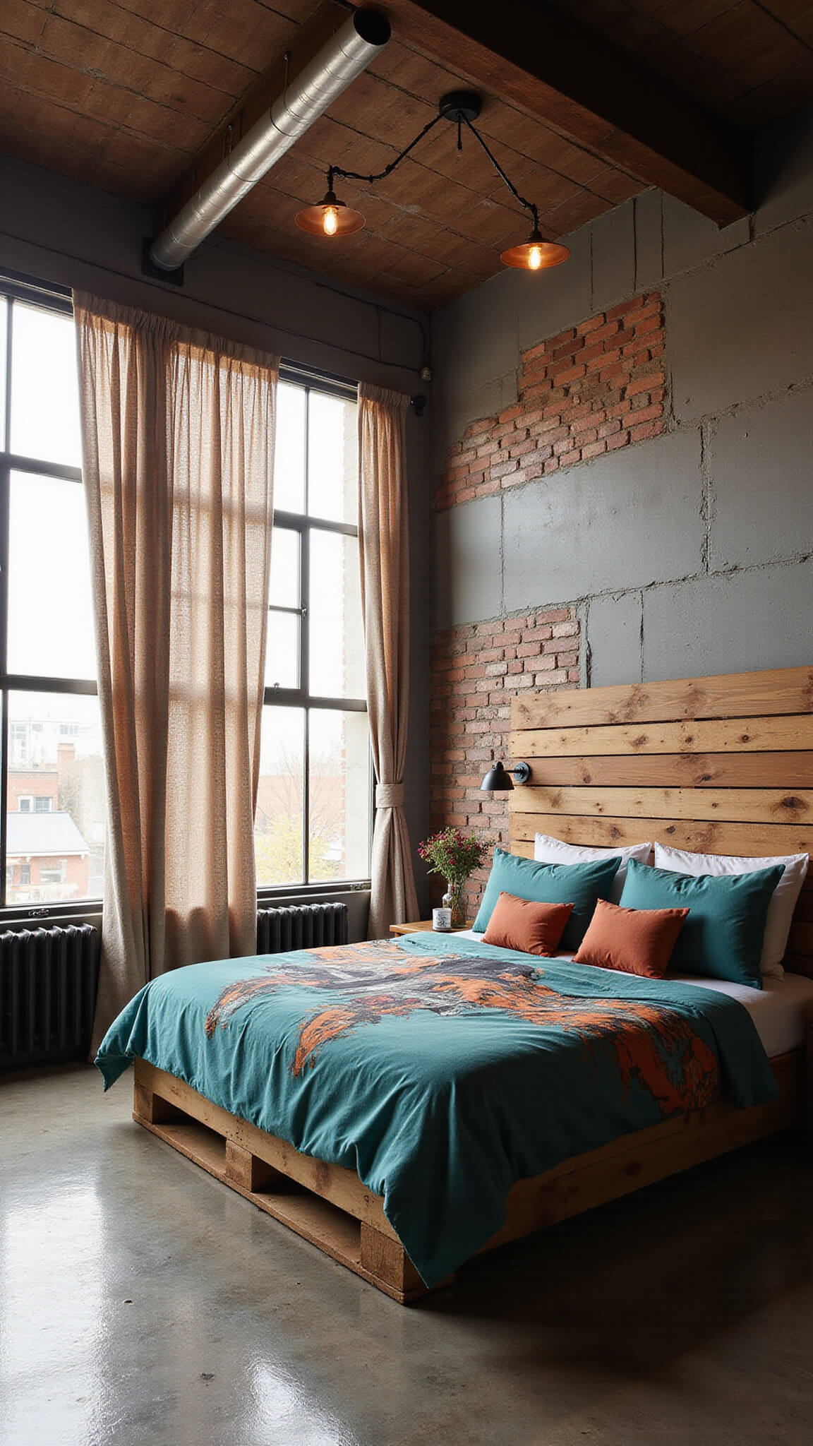 Converted warehouse bedroom with pallet platform bed, industrial lights, and sunrise glow through large window and urban curtains, shot from a tilted angle to highlight tall ceilings.