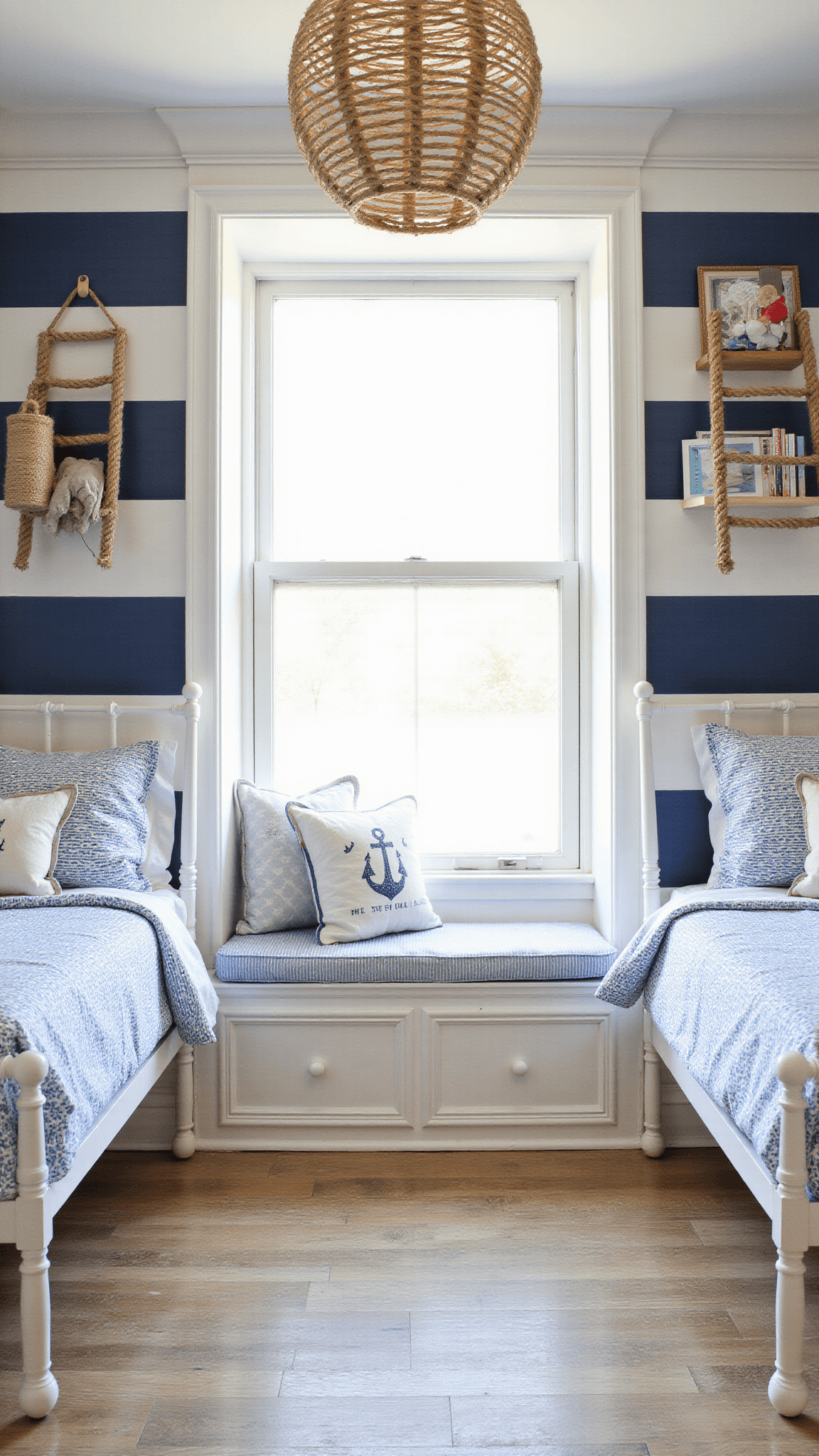 Nautical-themed children's room with twin beds, ocean decor, and afternoon light highlighting striped accent wall and window seat.