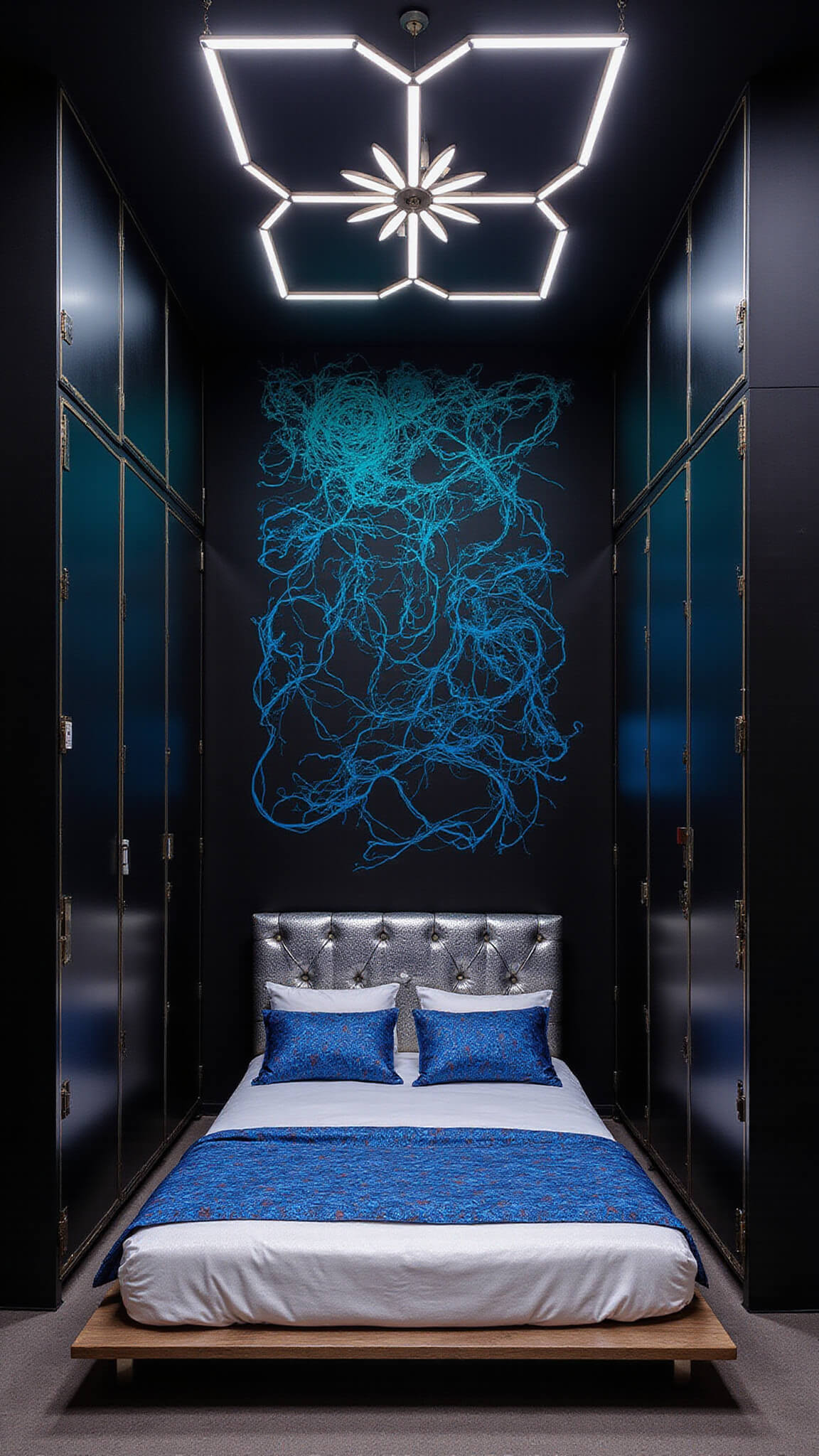 Street-style bedroom with black walls, geometric LED lights, low Japanese-inspired bed with silver and blue graffiti headboard, and vintage metal locker wardrobes.