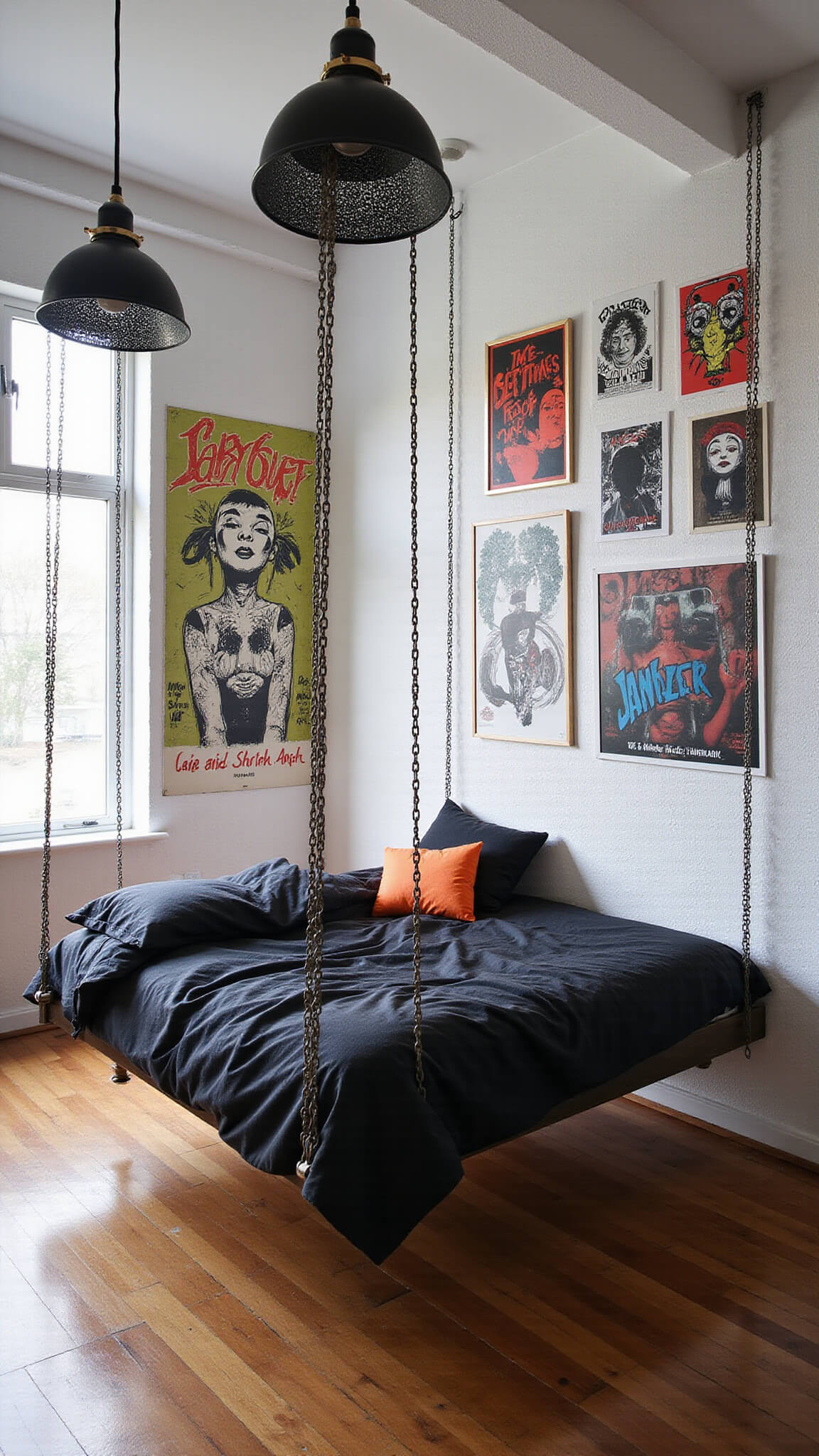 Bird's eye view of a 11x13ft urban retreat with gallery-white walls covered in street art posters, a floating bed suspended by chains with monochrome and neon orange bedding, and pendant lights made from skateboard wheels under diffused natural light.
