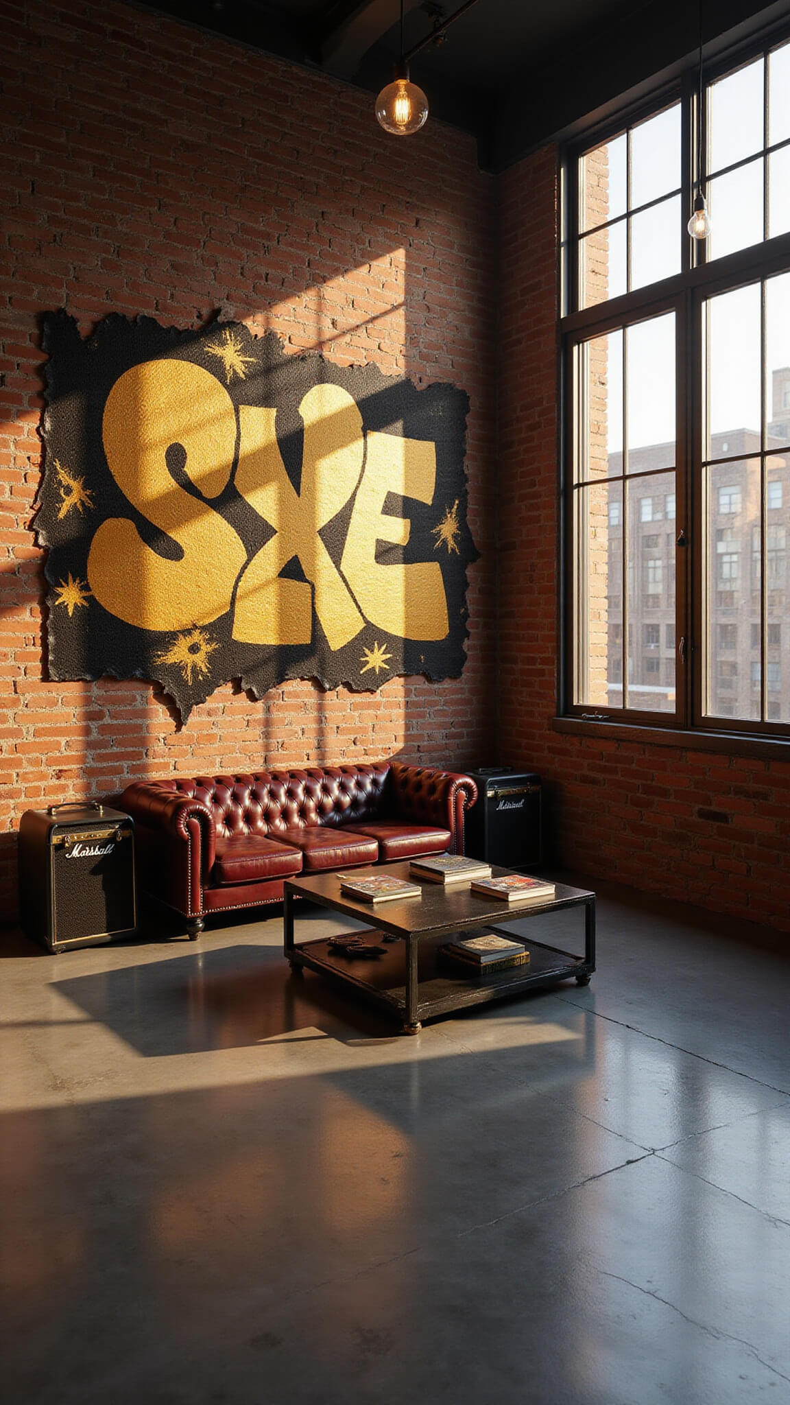 Cinematic loft lounge with burgundy leather sofa, gold-black graffiti mural, industrial windows, and vintage audio decor in golden hour lighting.