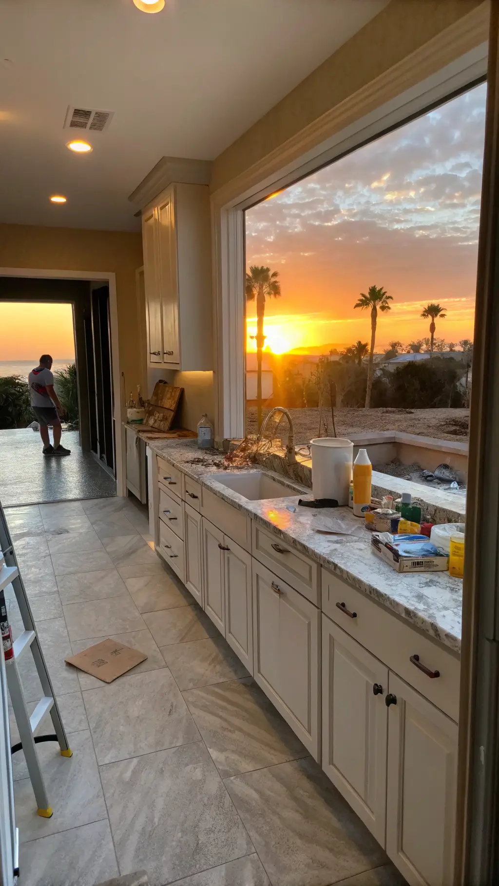 Sunset-lit kitchen renovation in progress, showing 11x13 ft space with contrasting old and new cabinets, warm golden hour light highlighting surface textures, hardware samples, and painting supplies on marble counter, viewed from the entrance.