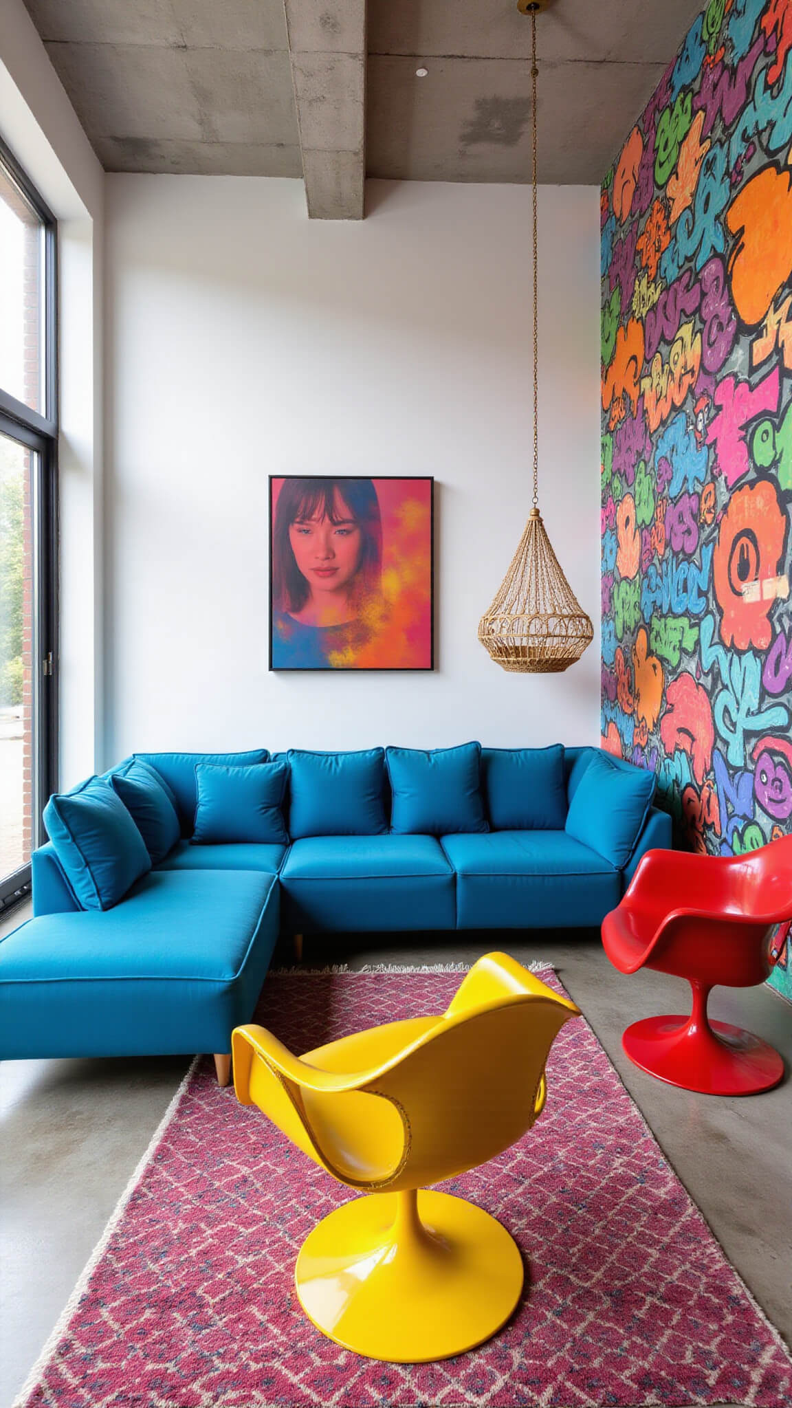 Photorealistic vibrant corner room with electric blue sectional, vintage yellow and red chairs, neon graffiti walls, geometric rug, and clear hanging swing chair in midday light.