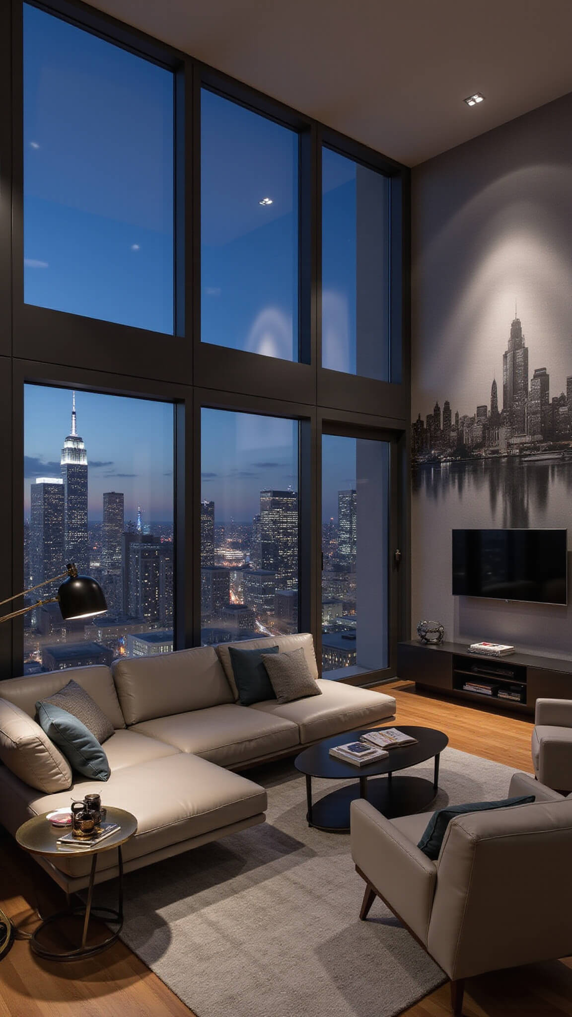 Modern high-rise apartment interior with grey leather sectional, glass tables, and city skyline visible through floor-to-ceiling windows at dusk.