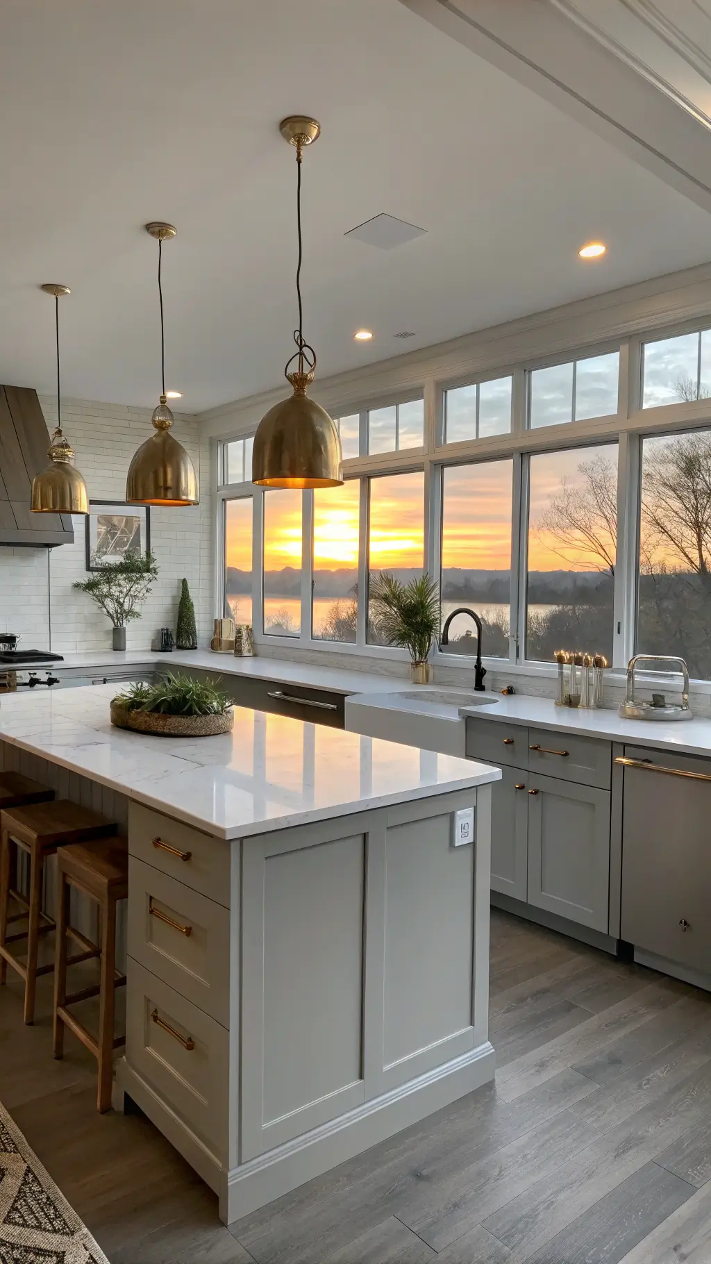 Modern grey kitchen with shaker cabinets and quartz island bathed in golden hour sunlight through floor-to-ceiling windows.