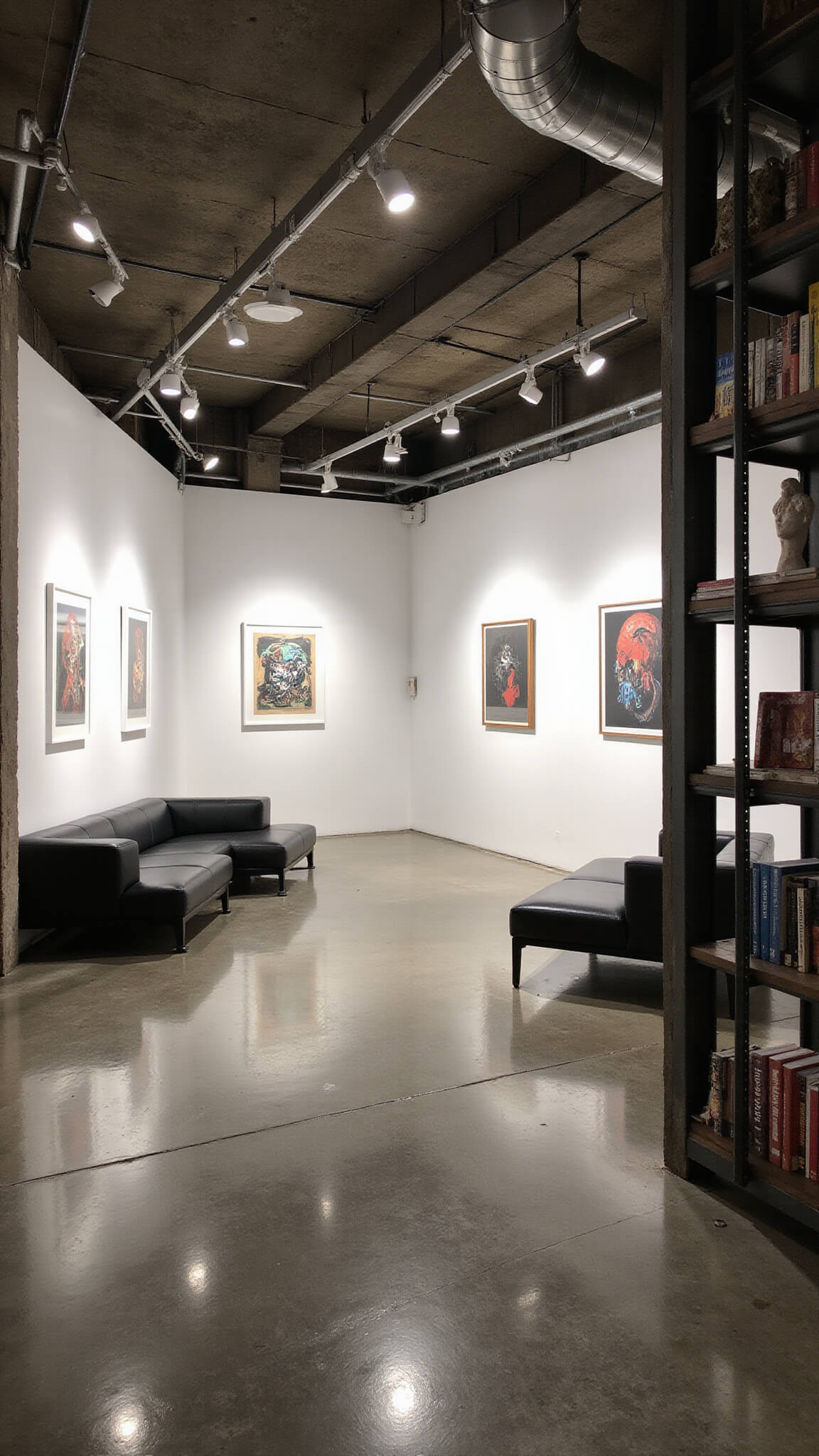 Wide-angle view of a modern street art gallery in an industrial space with white walls, polished concrete floors, exposed ductwork, professional lighting, and black leather seating areas.