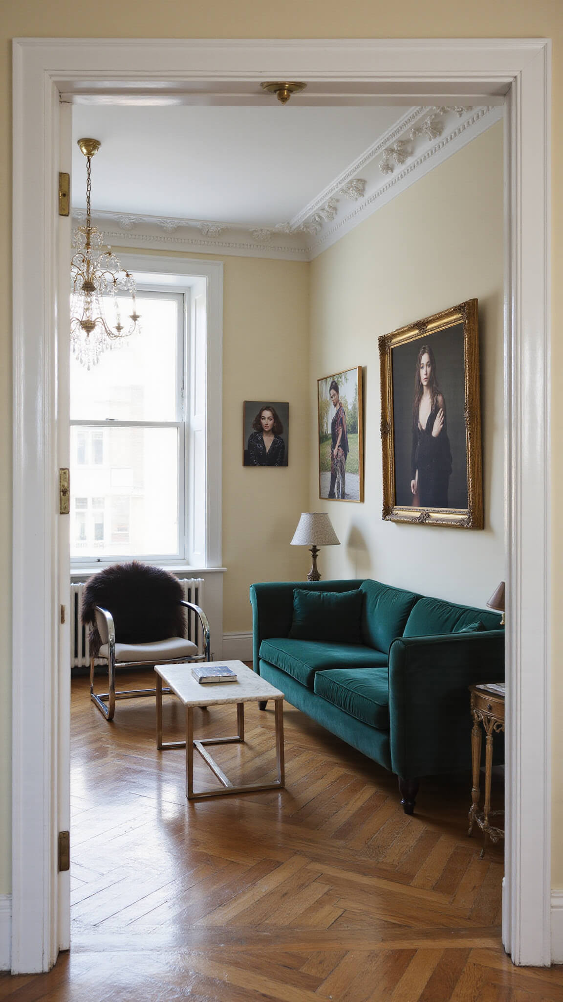 Luxurious urban living room with emerald velvet sofa, chrome accent chairs, herringbone wood floors, vintage Murano chandelier, and fashion-street art wall decor in soft late afternoon light.