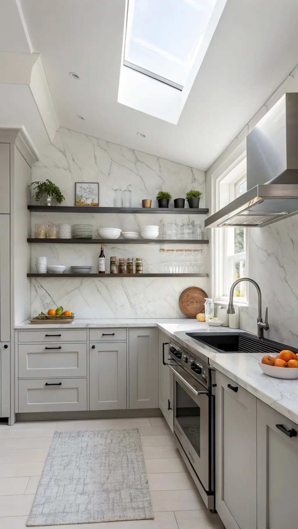 Minimalist kitchen at 9am with grey cabinets, stainless steel appliances, white marble backsplash, open shelves with white pottery, and fresh citrus fruits.