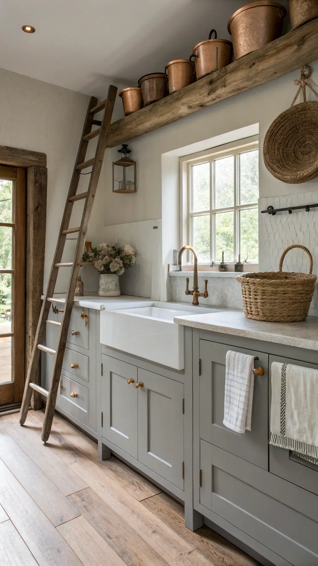 Farmhouse-modern grey kitchen with dove grey cabinets, white oak floors, cream farmhouse sink, and copper accents in soft natural light.