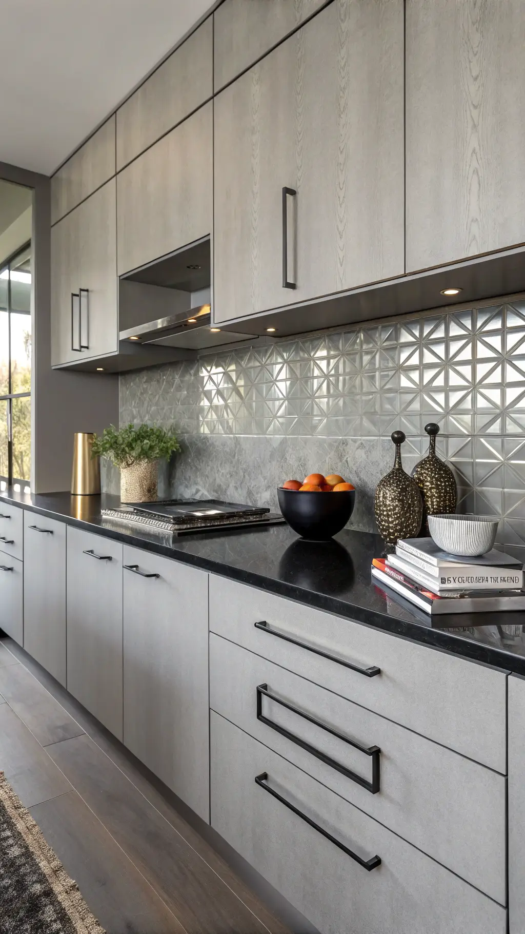 Contemporary grey kitchen with sleek cabinets, black countertops, and metallic glass tile backsplash in moody afternoon light.