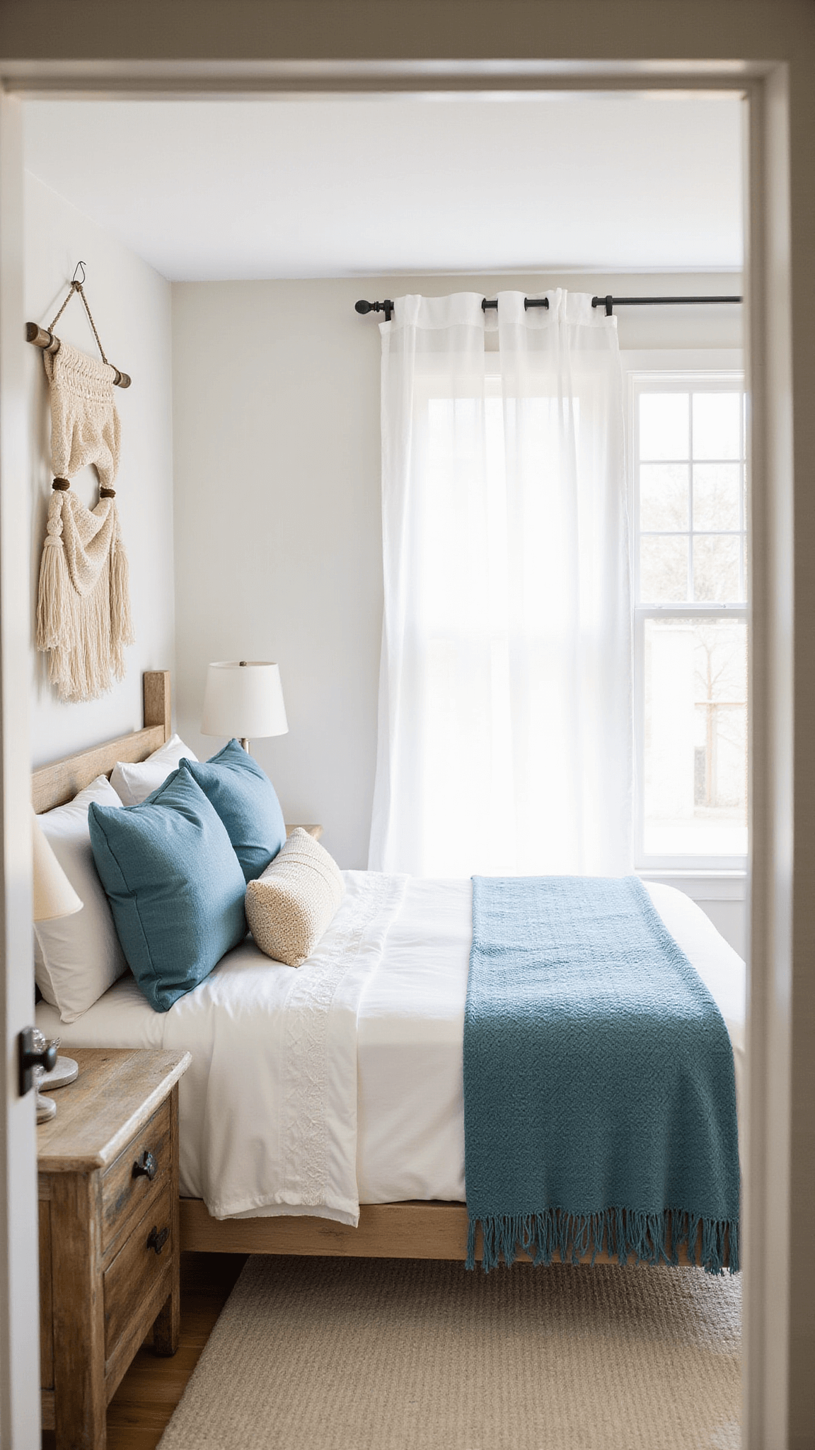 Boho-style coastal guest suite with queen bed, white and blue linens, macramé wall hanging, vintage oars, and floor-to-ceiling windows letting in misty dawn light.