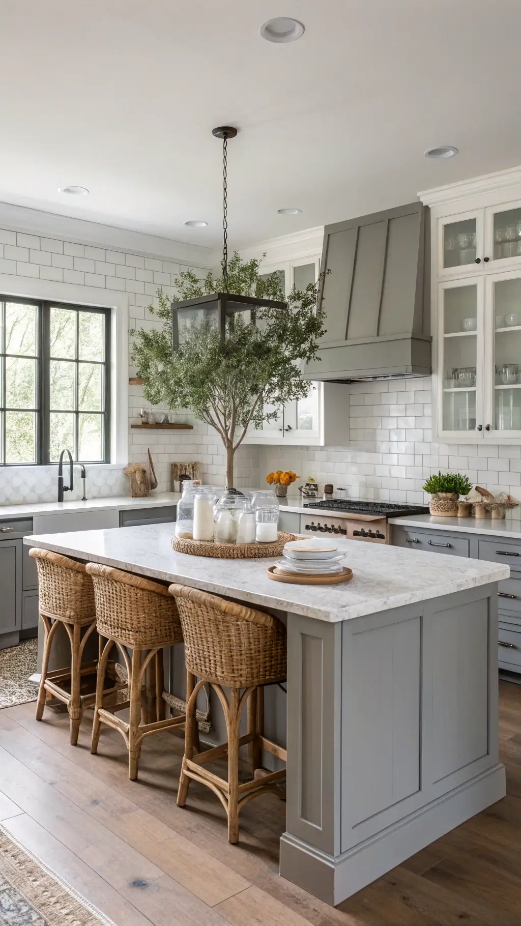 Transitional grey kitchen with two-tone cabinets, marble island, rattan stools, vintage canisters, and potted olive tree in bright late morning light.