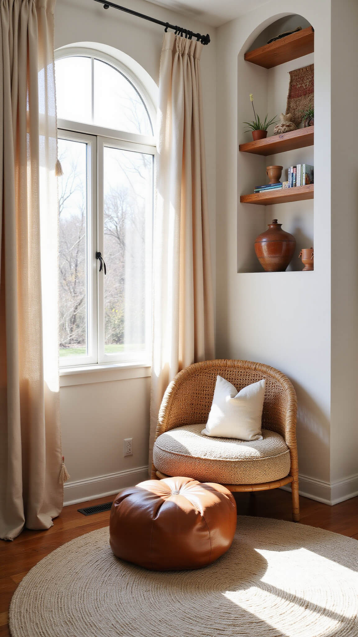 Cozy nursery reading nook with rattan accents, floor cushion, and morning light through arched window with sheer cream drapes.