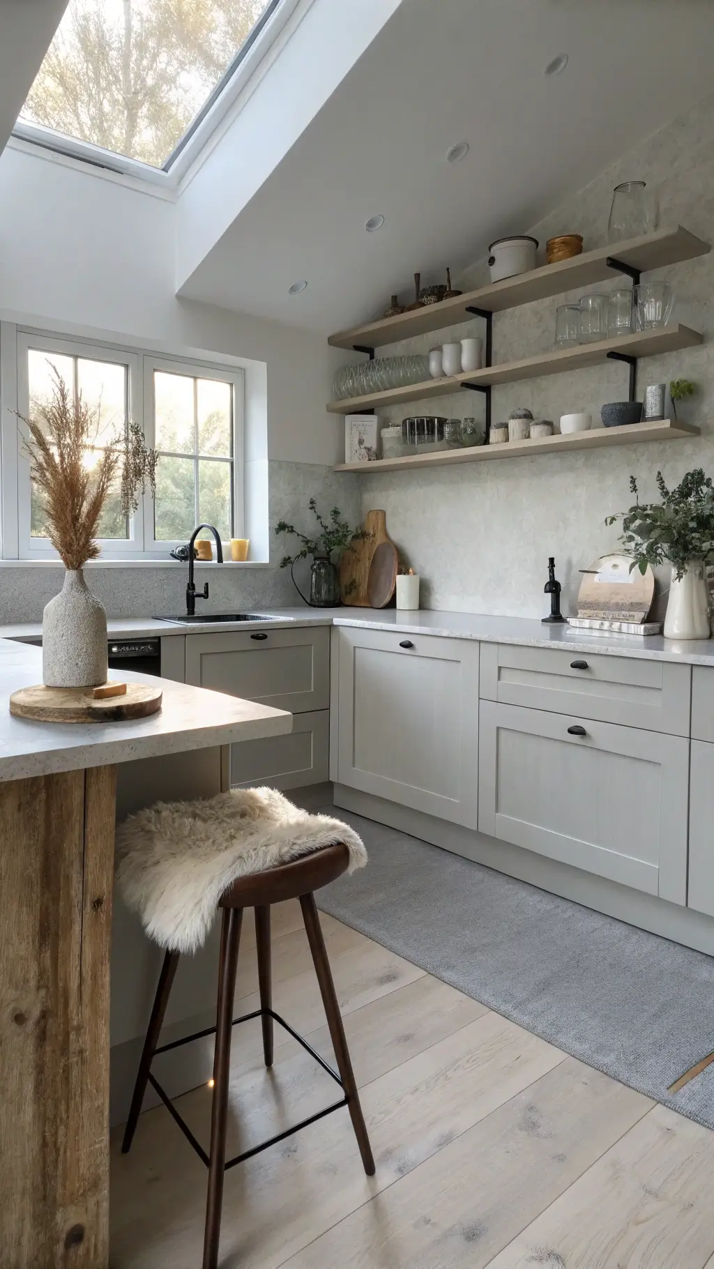 Scandinavian-style grey kitchen with pale grey cabinets, concrete countertops, white oak shelves, and dried botanicals in morning light.