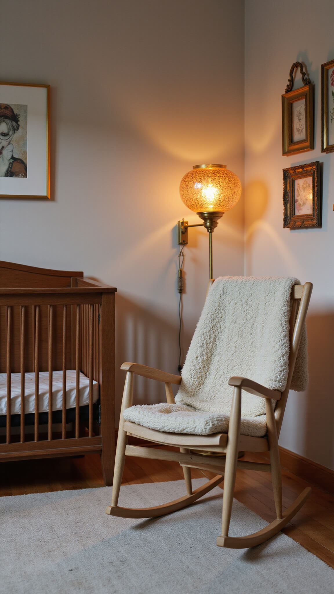 Cozy dusk nursery with layered lighting, vintage brass lamp, modern walnut crib, and Moroccan lantern shadows on walls.