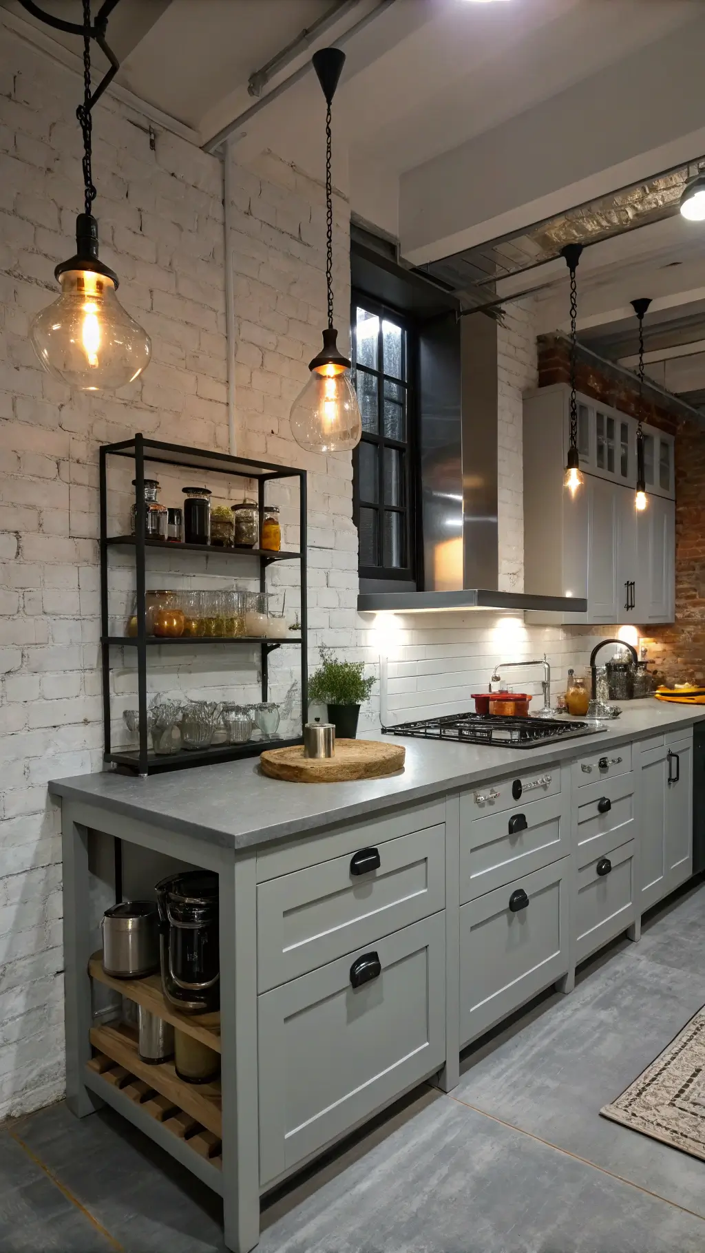 Industrial chic grey loft kitchen with light grey metal cabinets, white-painted brick wall, steel island, Edison bulb lighting, and professional cookware.