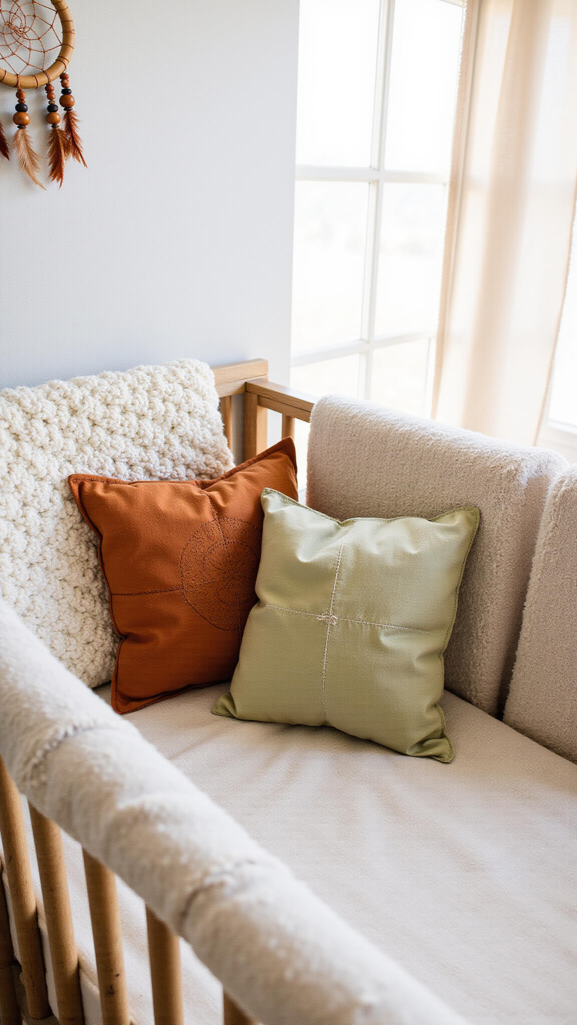 Close-up of crib with sand-toned organic cotton sheets, cream chunky wool blanket, and bohemian pillows in rust, mustard, and sage, accented by a handmade dreamcatcher catching afternoon light.