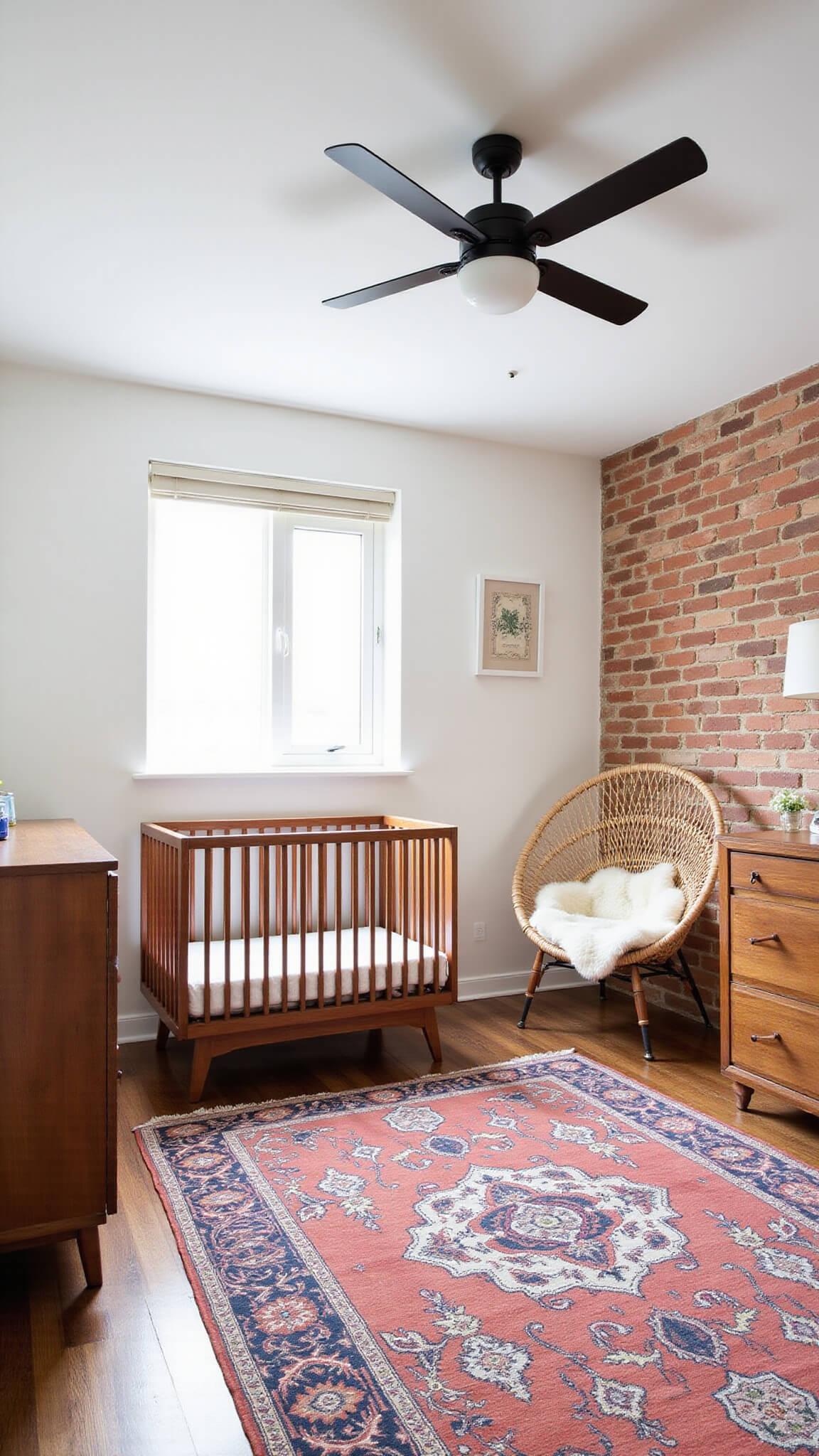Wide-angle view of cozy nursery with warm white exposed brick wall, modern acacia wood crib and dresser on vintage Persian rug, rattan hanging chair by window, and matte black ceiling fan under 10ft ceilings.