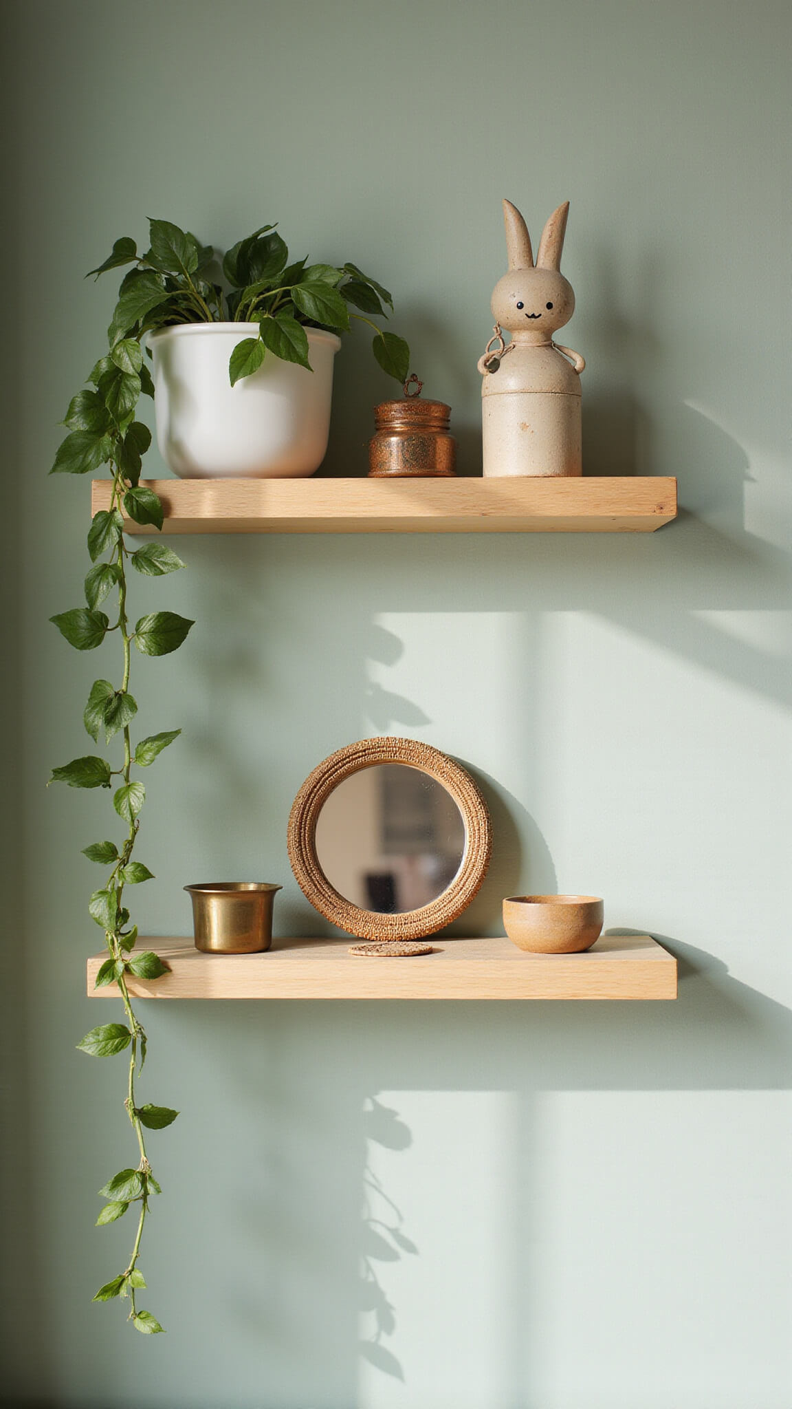 Close-up of nursery shelf with vintage toys, handmade ceramics, brass decor, and trailing pothos on natural wood shelves against sage green wall.
