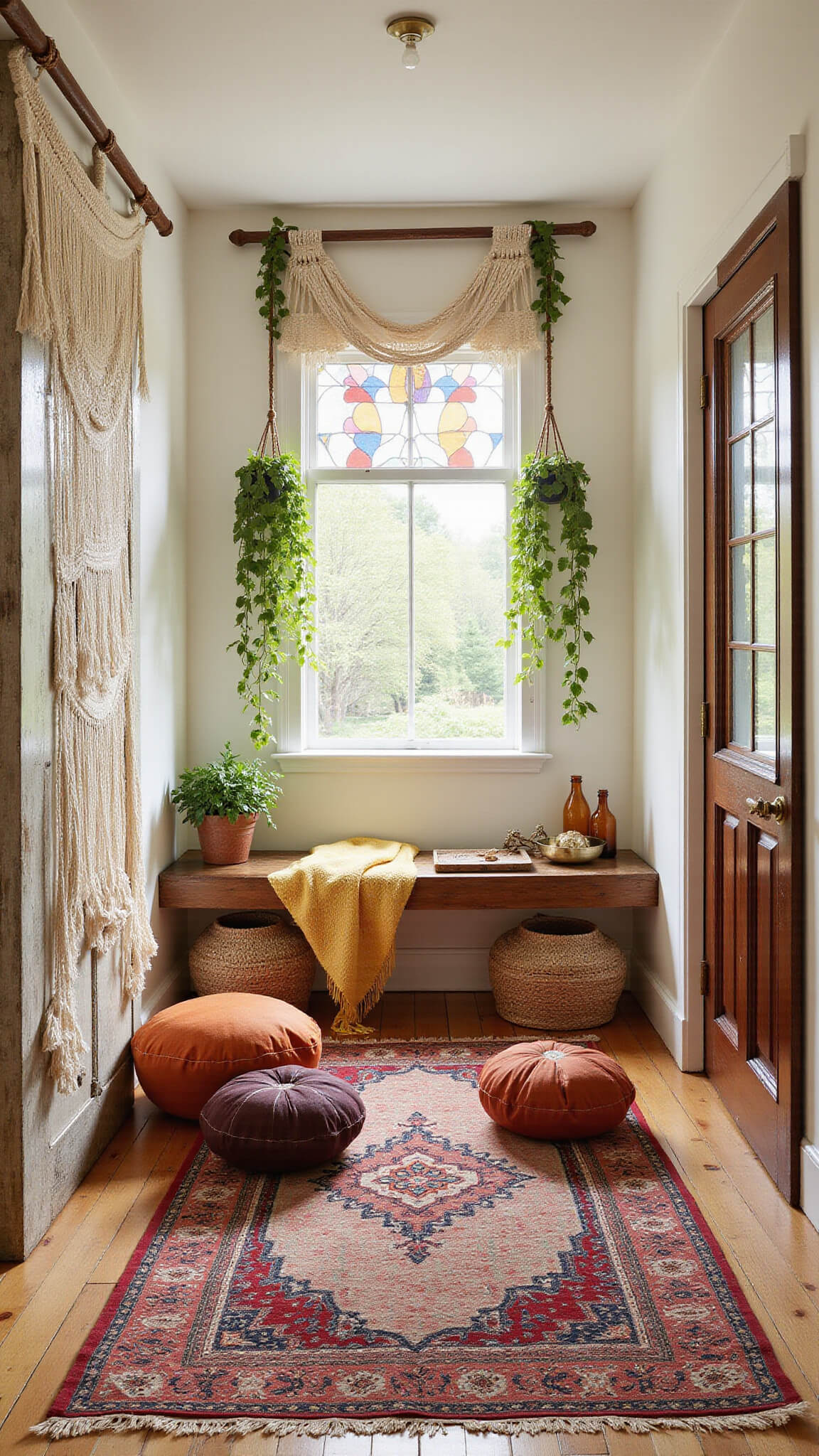 Sunlit entryway with stained glass shadows, macramé wall hanging, trailing pothos, vintage console table, Moroccan poufs, layered rugs, and hardwood floors.