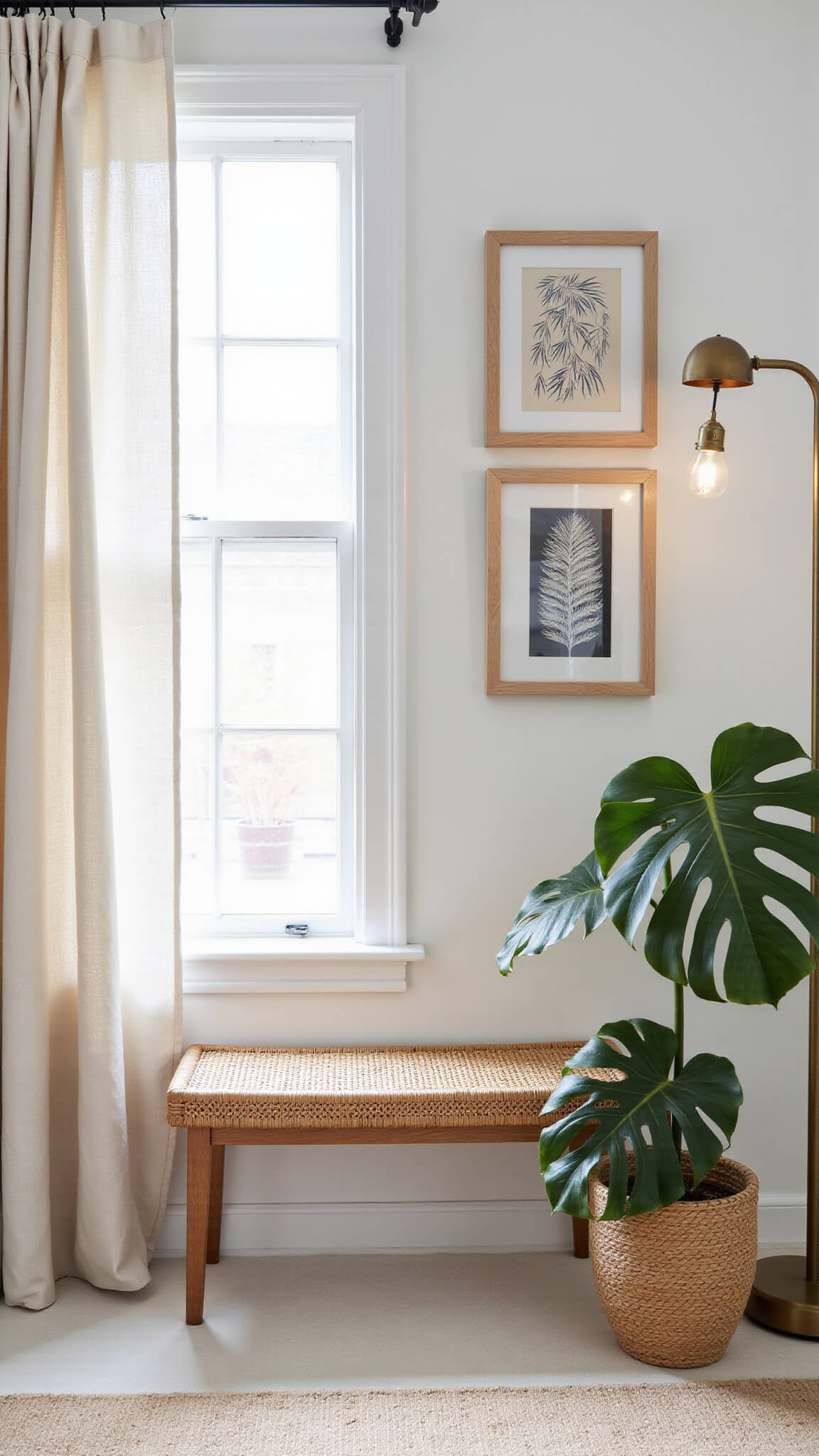 Boho-minimalist entryway with rattan bench, abstract line art, monstera plant, and diffused morning light.
