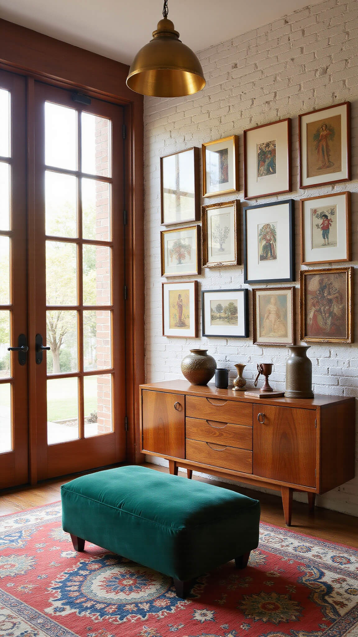 Dramatic art lover's entryway with warm white exposed brick, golden hour lighting, eclectic artwork in vintage frames, walnut credenza with global artifacts, emerald velvet ottoman on Turkish rug, and brass pendant casting shadows.