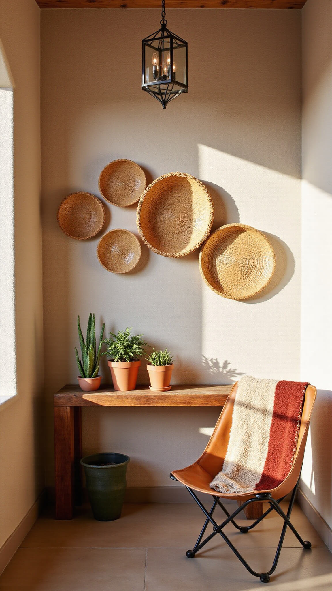 Cozy desert-style entryway with textured adobe walls, desert plants on reclaimed wood console, woven baskets on wall, and a butterfly chair with Southwestern textiles.