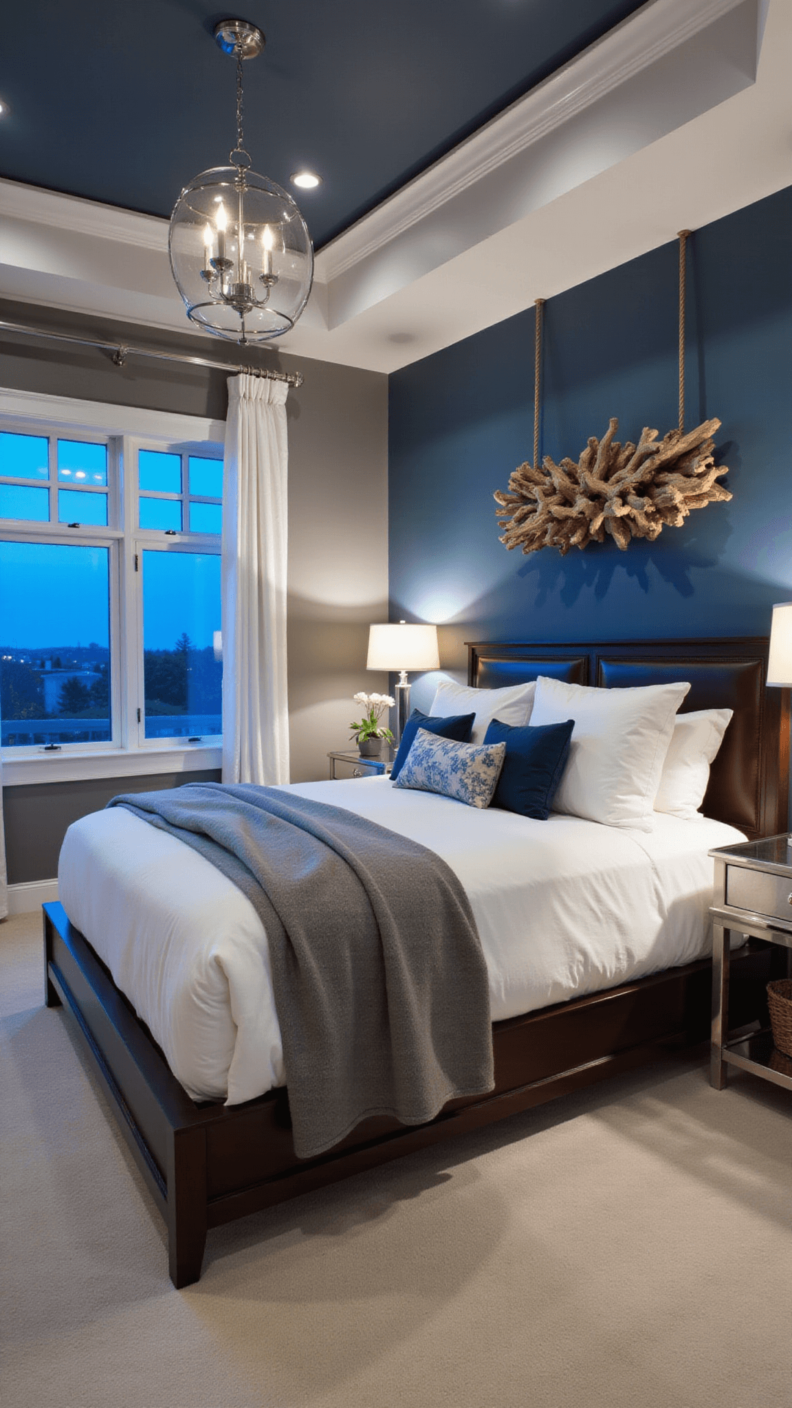 Modern coastal primary bedroom at dusk with blue-gray walls, tray ceiling, king bed in white and deep ocean blue linens, driftwood art, and pendant lighting.