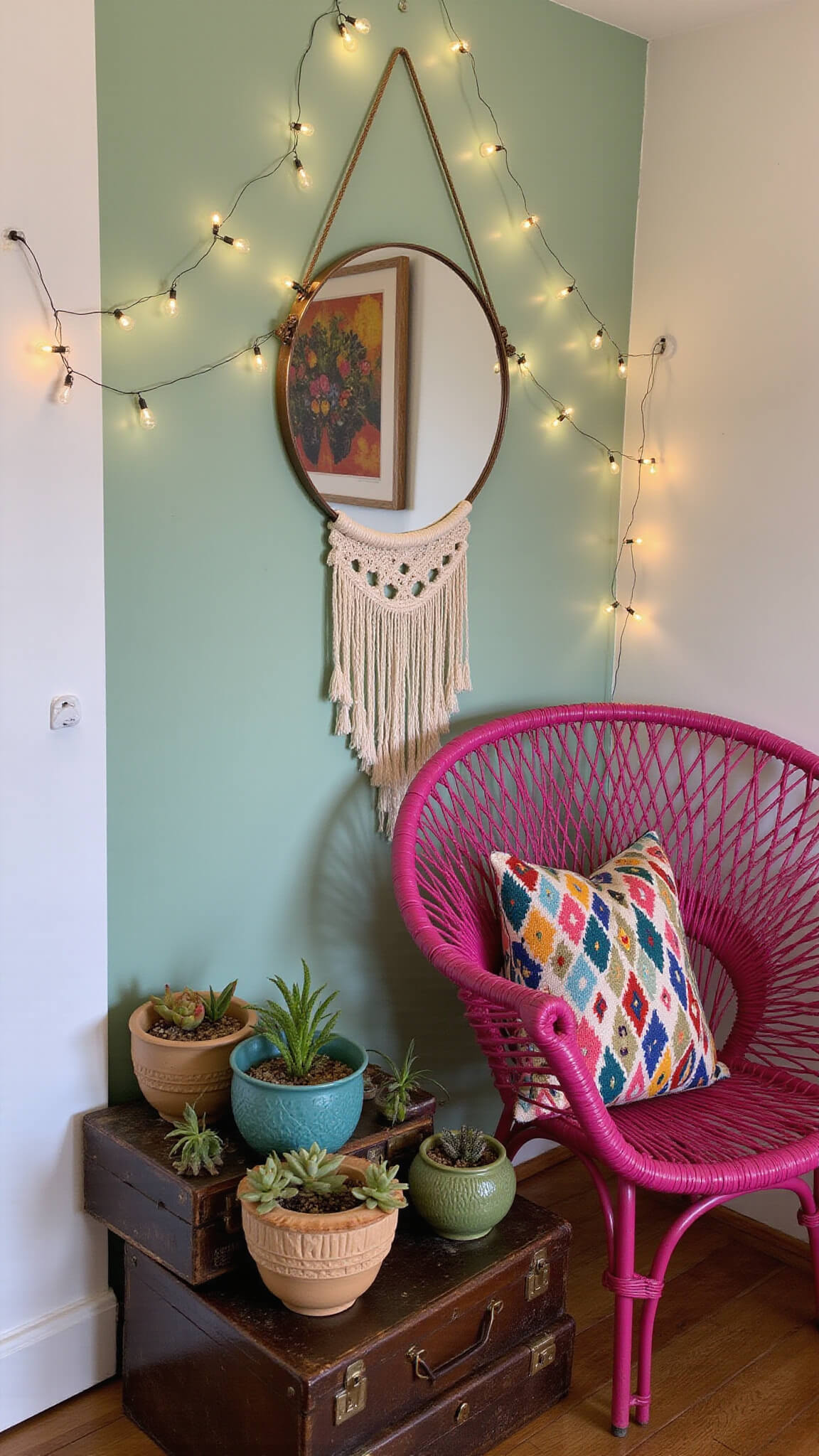 Whimsical boho room with sage green accent wall, string lights, hot pink peacock chair with kilim pillows, macramé mirror, succulent planters, and stacked vintage suitcases, viewed from above.