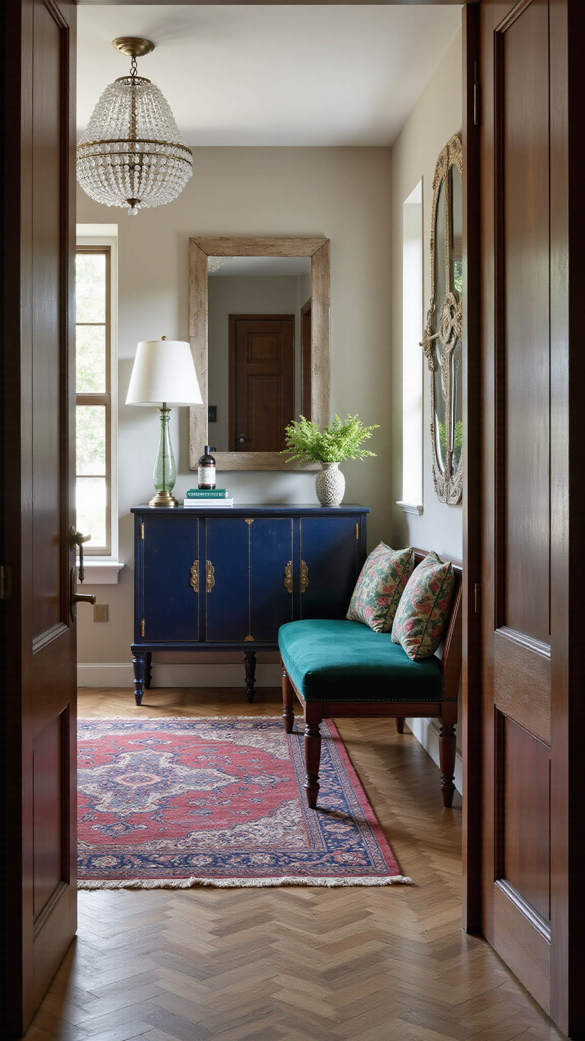 Luxurious global fusion entryway with herringbone floors, crystal chandelier, indigo antique Chinese cabinet, geometric mirrors, emerald velvet bench with silk ikat pillows, and jewel-toned Persian rug.