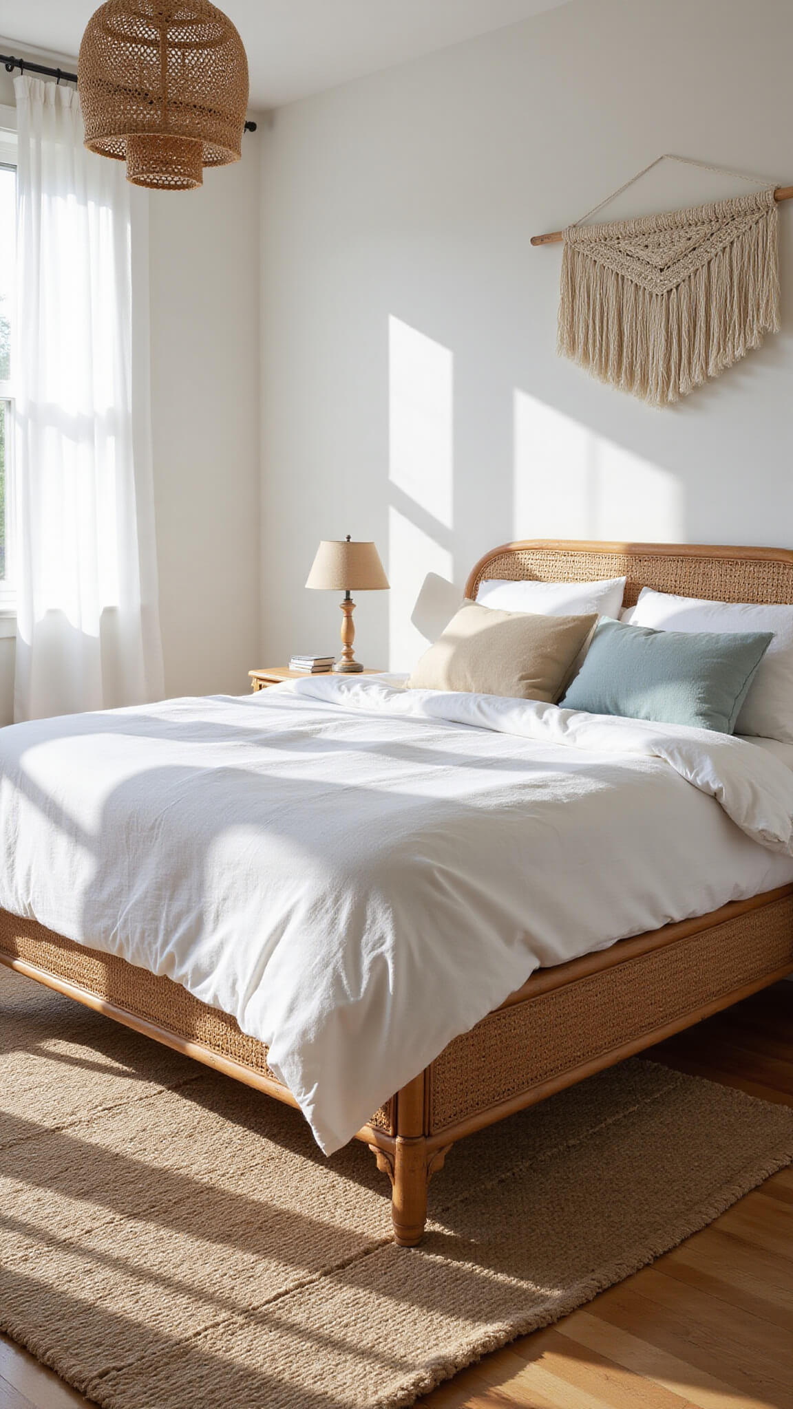 Sunlit bedroom with rattan bed, driftwood headboard, and layered neutral bedding, framed by sheer curtains and natural textures like jute rug and woven pendant light.