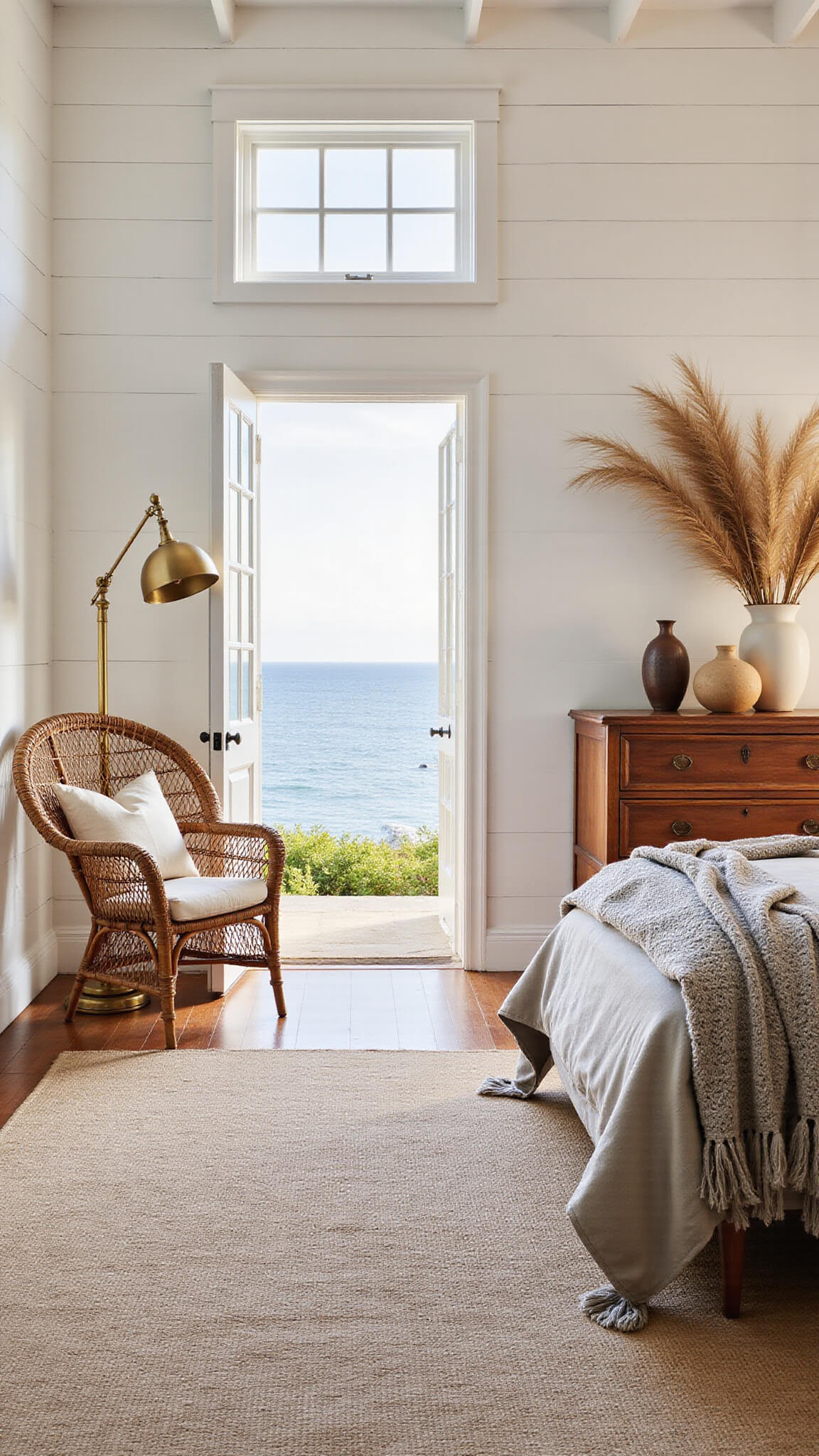Cozy mid-sized master bedroom at golden hour with rattan peacock chair, brass floor lamp, vintage bamboo dresser, and layered Persian and jute rugs, overlooking dramatic coastal panorama.