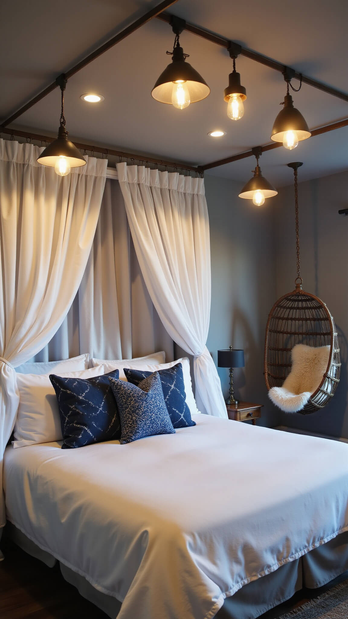 Moody twilight bedroom with canopy bed, indigo textiles, and hanging chair by window.