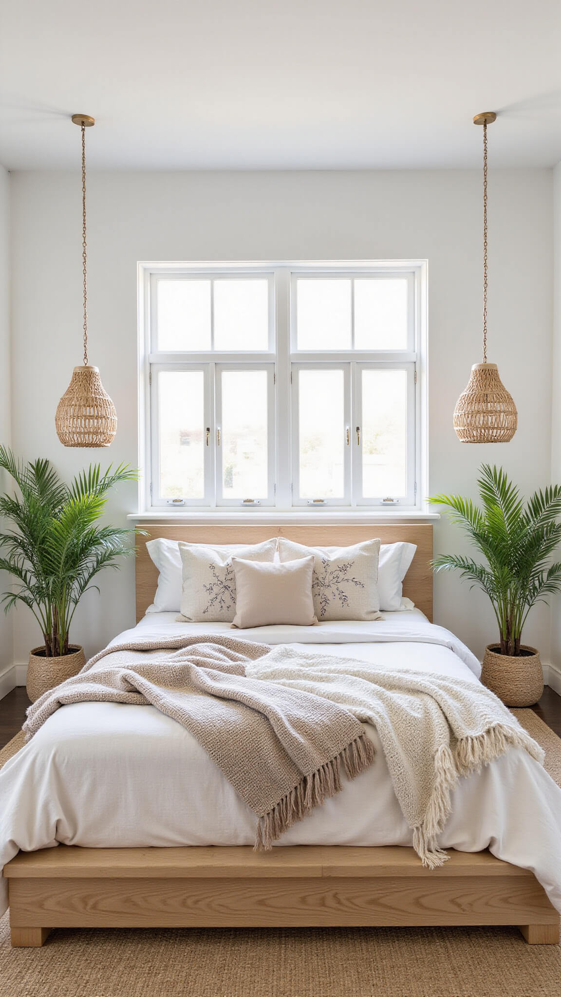 Bright primary suite with floor-to-ceiling windows, featuring a bleached wood platform bed layered in neutral textiles, flanked by woven pendant lights and potted palms on a natural fiber rug.