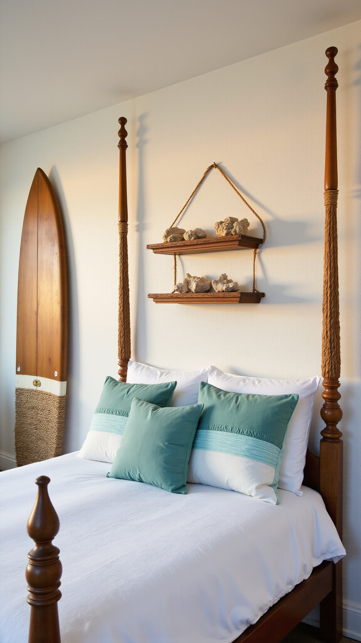 Beachfront bedroom at sunset with orange light on textured white walls, four-poster bed in white linen, sea glass accent pillows, vintage surfboard wall art, rope-wrapped mirror, and coral on floating shelves.
