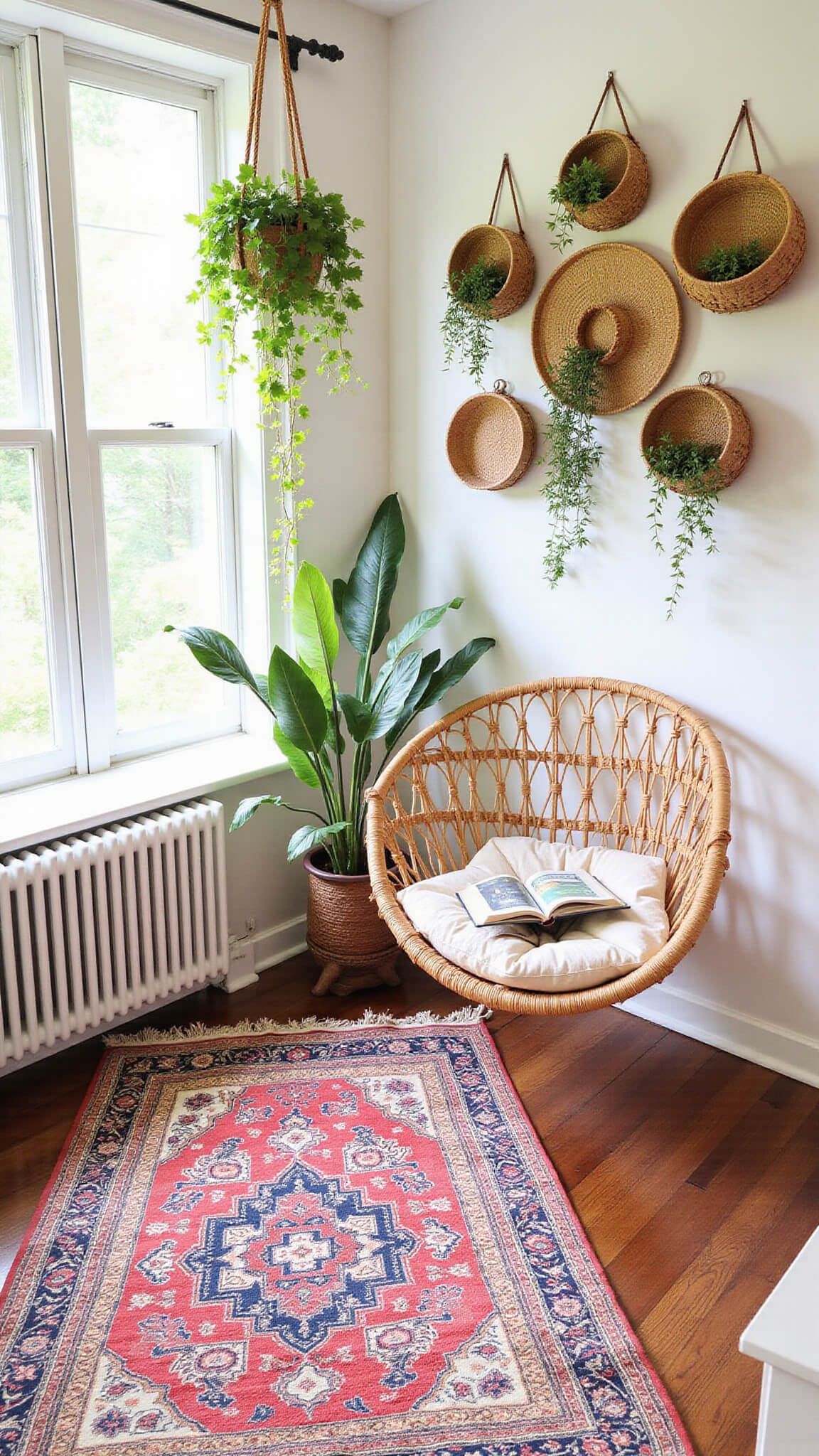 Cozy boho reading nook with suspended rattan chair, layered Moroccan rugs, woven wall baskets, macramé plant hangers, and trailing greenery in natural midday light.
