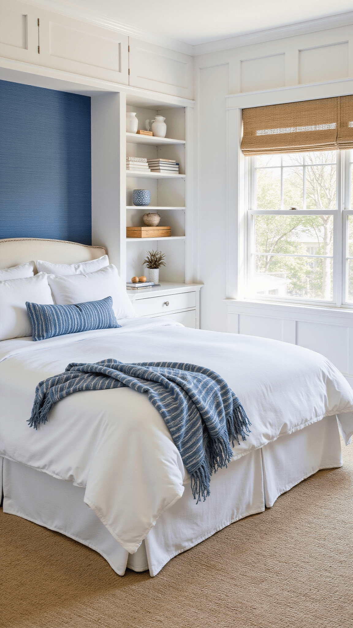 Hamptons-inspired guest room with white paneled walls, blue accent wall, full bed with white bedding and blue-striped throws, built-in bookshelves, sisal rug, and bamboo Roman shades in bright natural light.