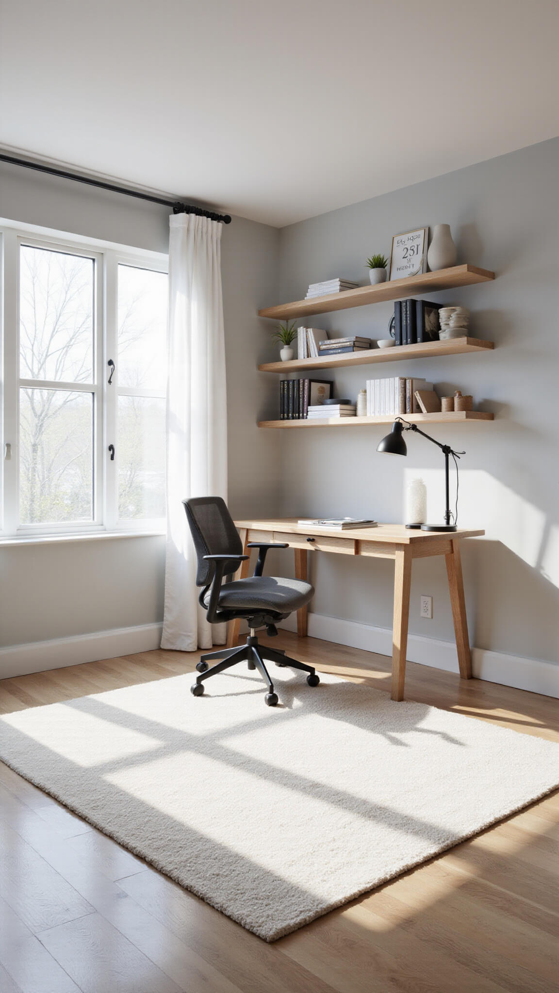 Modern minimalist home office with white oak desk, black task lamp, ergonomic chair, floating shelves, and soft natural lighting through sheer curtains.