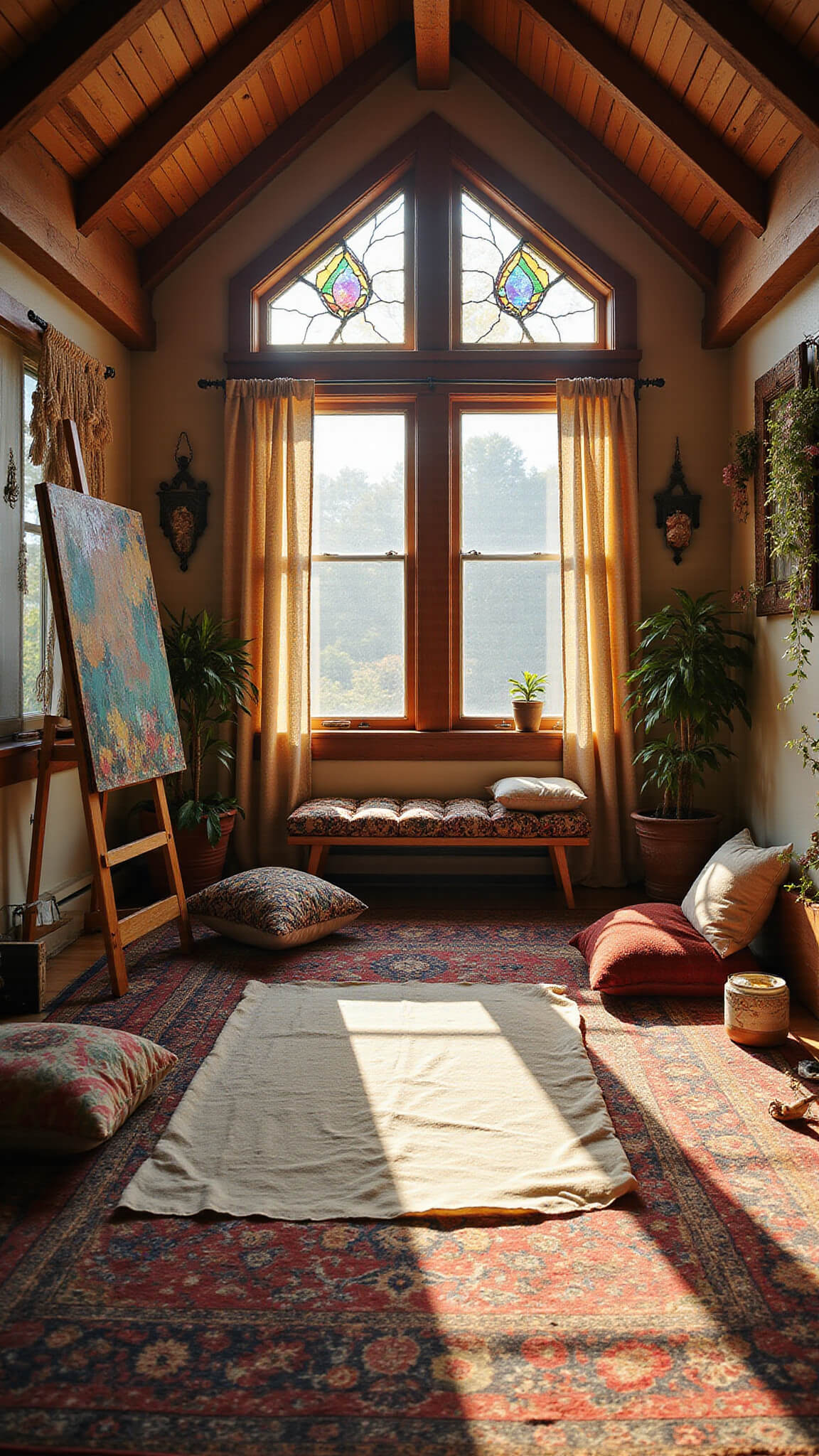 Bohemian attic art studio with exposed beams, stained glass light, Persian rugs, velvet cushions, and easel, viewed from floor level with soft haze.