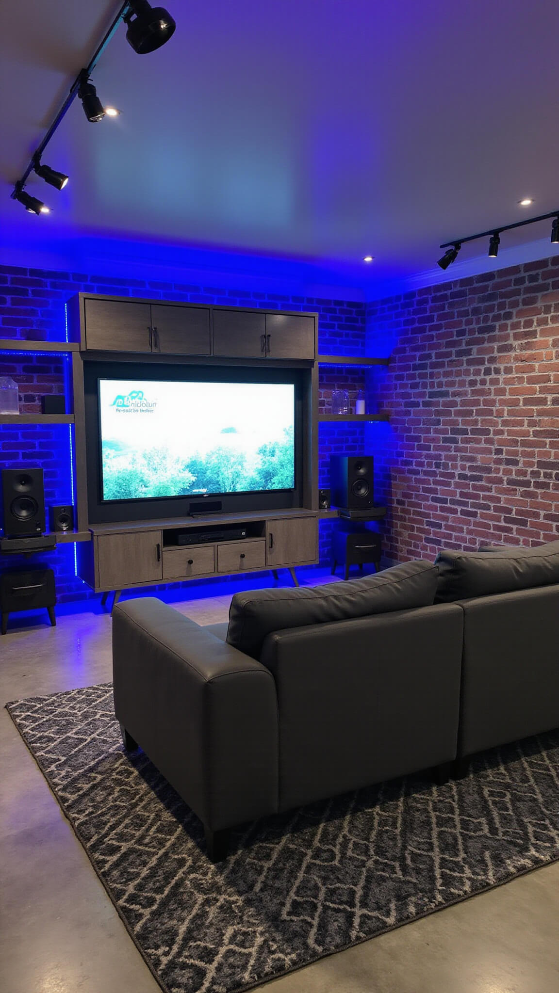 Modern industrial gaming lounge with exposed brick wall, concrete floor, charcoal sectional, and blue LED accent lighting facing a mounted 65" display.