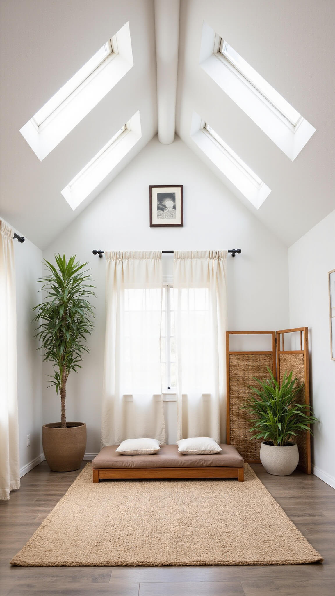 High-angle view of serene 12x16ft wellness meditation room with vaulted ceiling, skylights, natural jute rug, wooden meditation platform, earth-tone cushions, bamboo dividers, minimal zen artwork, potted palms, and soft natural light through gauzy curtains.