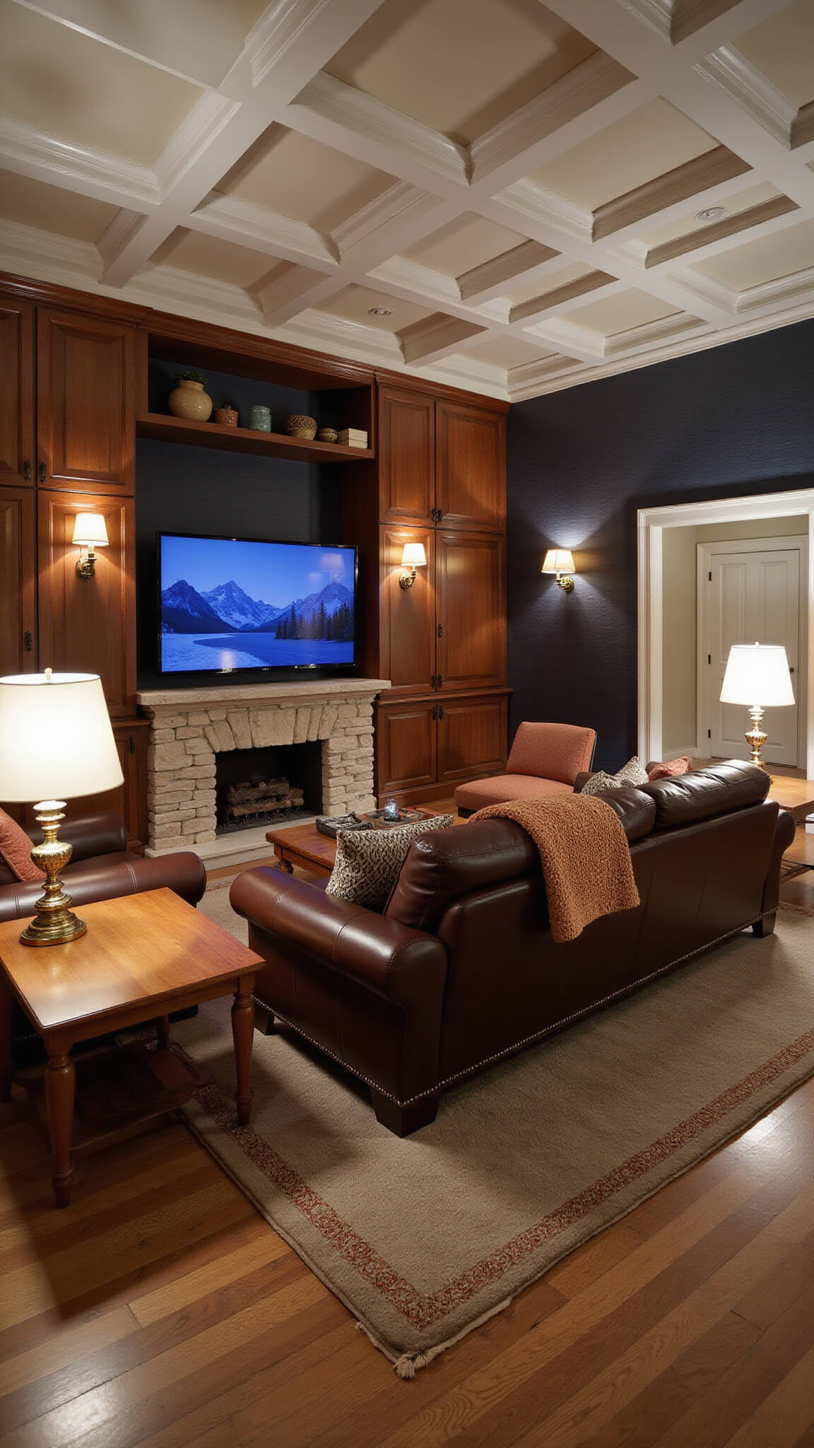 Cozy family media room with leather sectional, stone fireplace, walnut built-ins, and warm evening lighting.