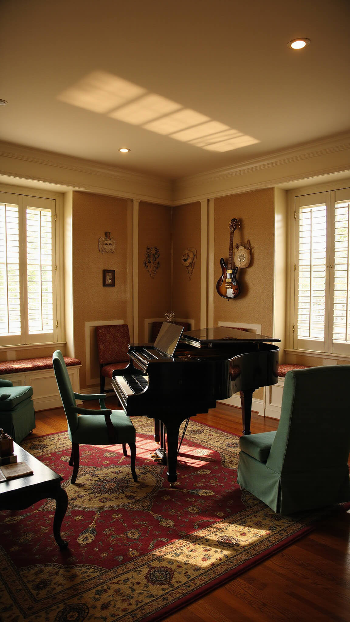 Sophisticated music room with baby grand piano, emerald velvet chairs, acoustic panels, vinyl storage, and golden hour light through plantation shutters.