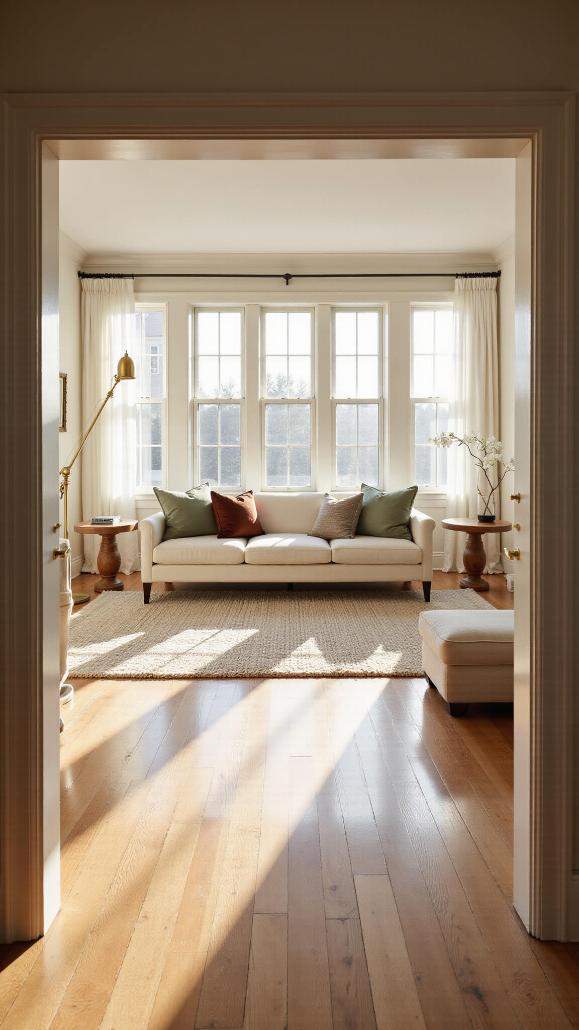 Golden hour light fills a spacious 20x24ft living room with white oak floors, cream linen sofa, brass accents, and soft textures, viewed from the doorway.