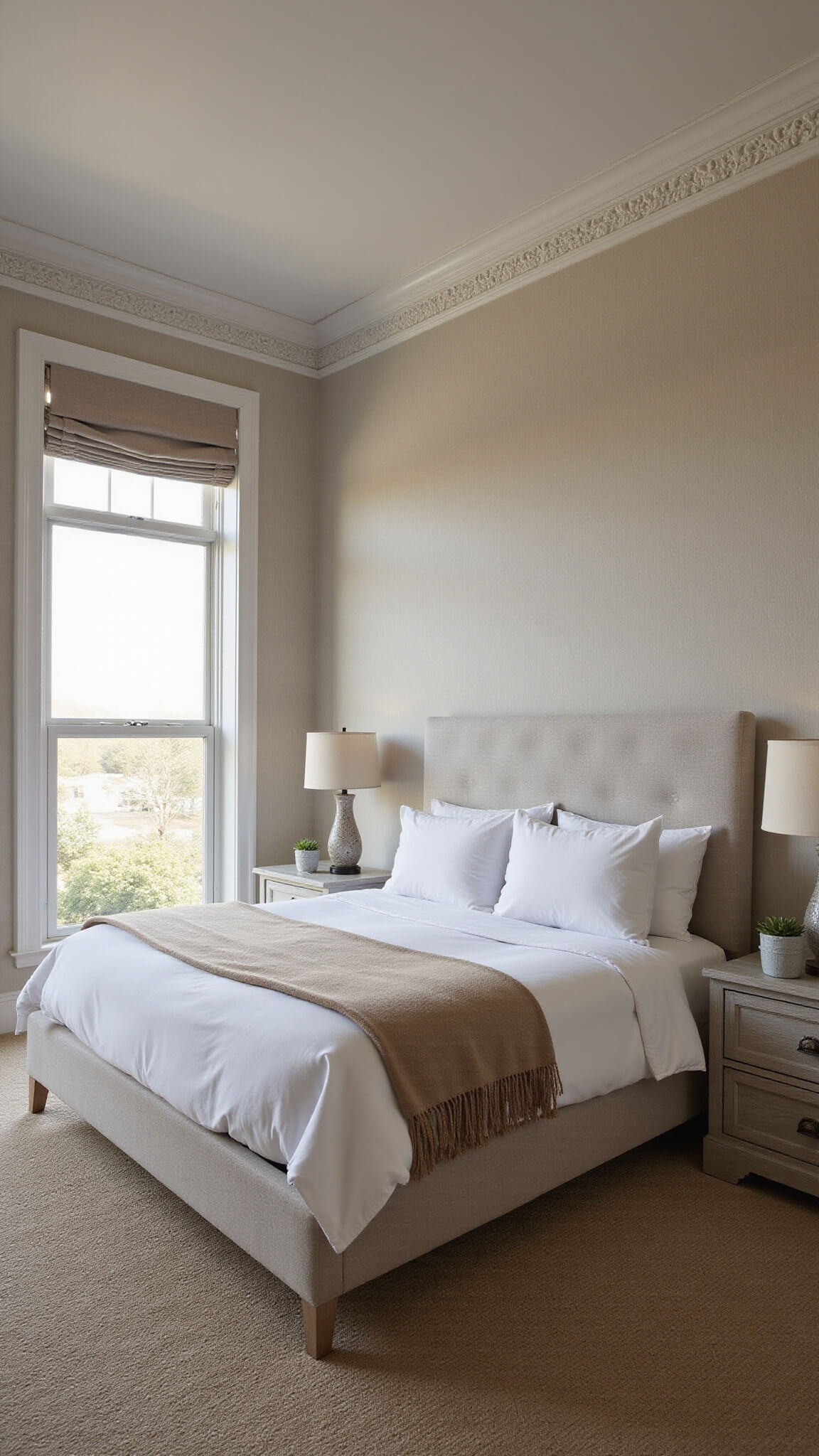 Master bedroom at dawn with seagrass wallpaper, king bed in white linens, crown molding, and filtered morning light through roman shades.