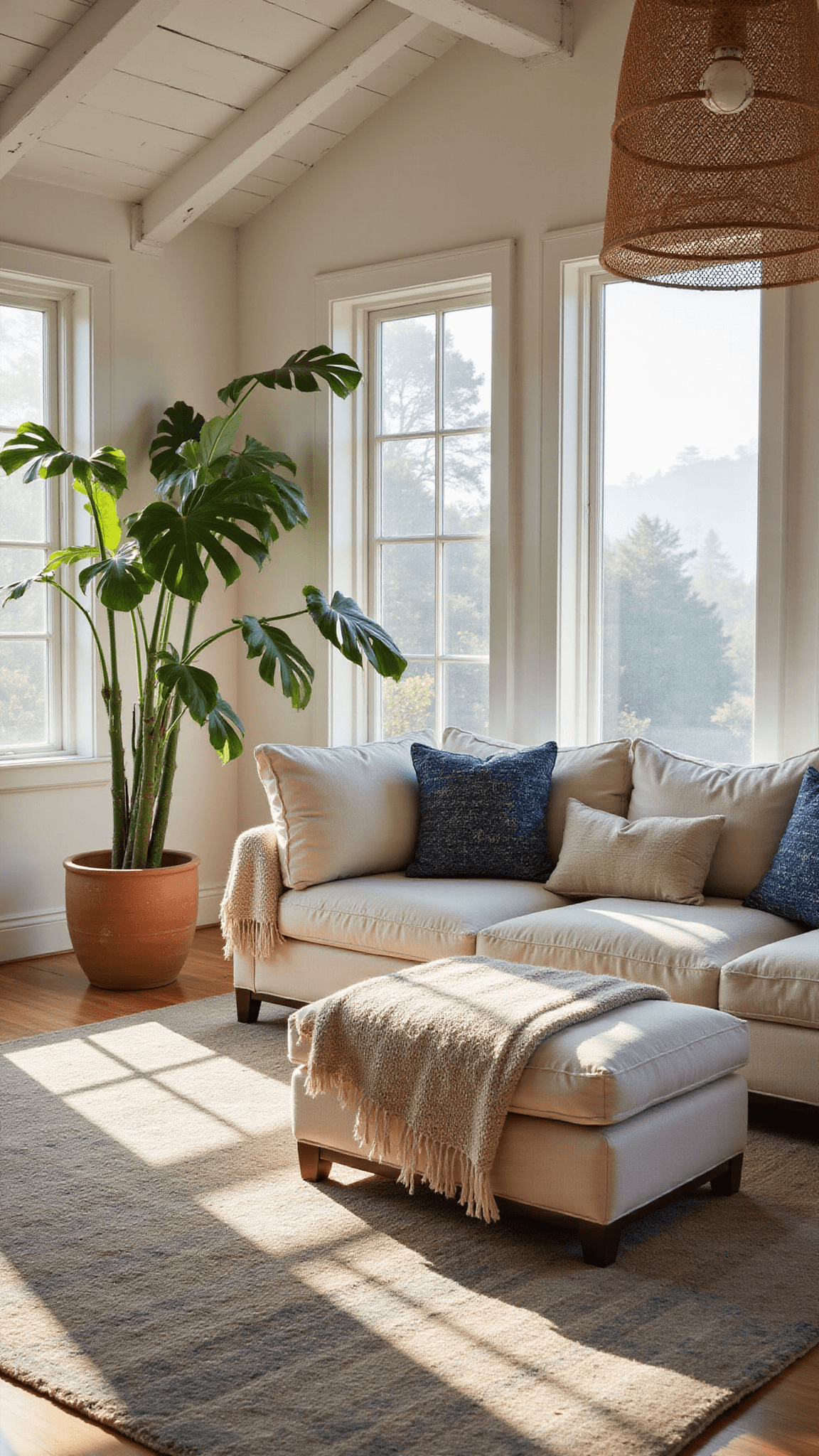 Sunlit coastal living room with vaulted ceilings, cream linen sectional, Moroccan rugs, monstera plant, and rattan pendant light, bathed in golden hour light.