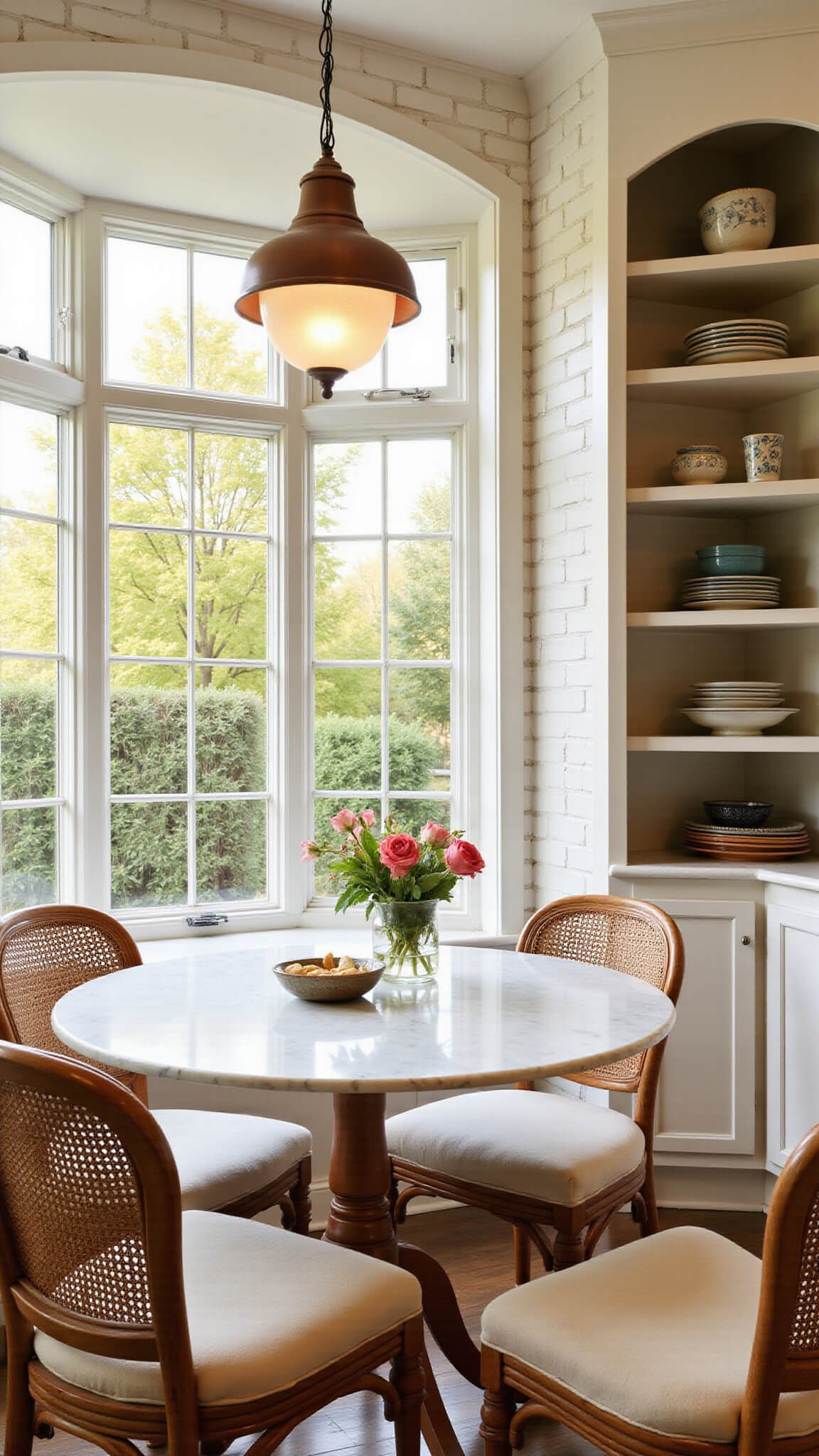 Sunlit breakfast nook with round marble table, rattan chairs, copper pendant light, and bay window overlooking garden during golden hour.