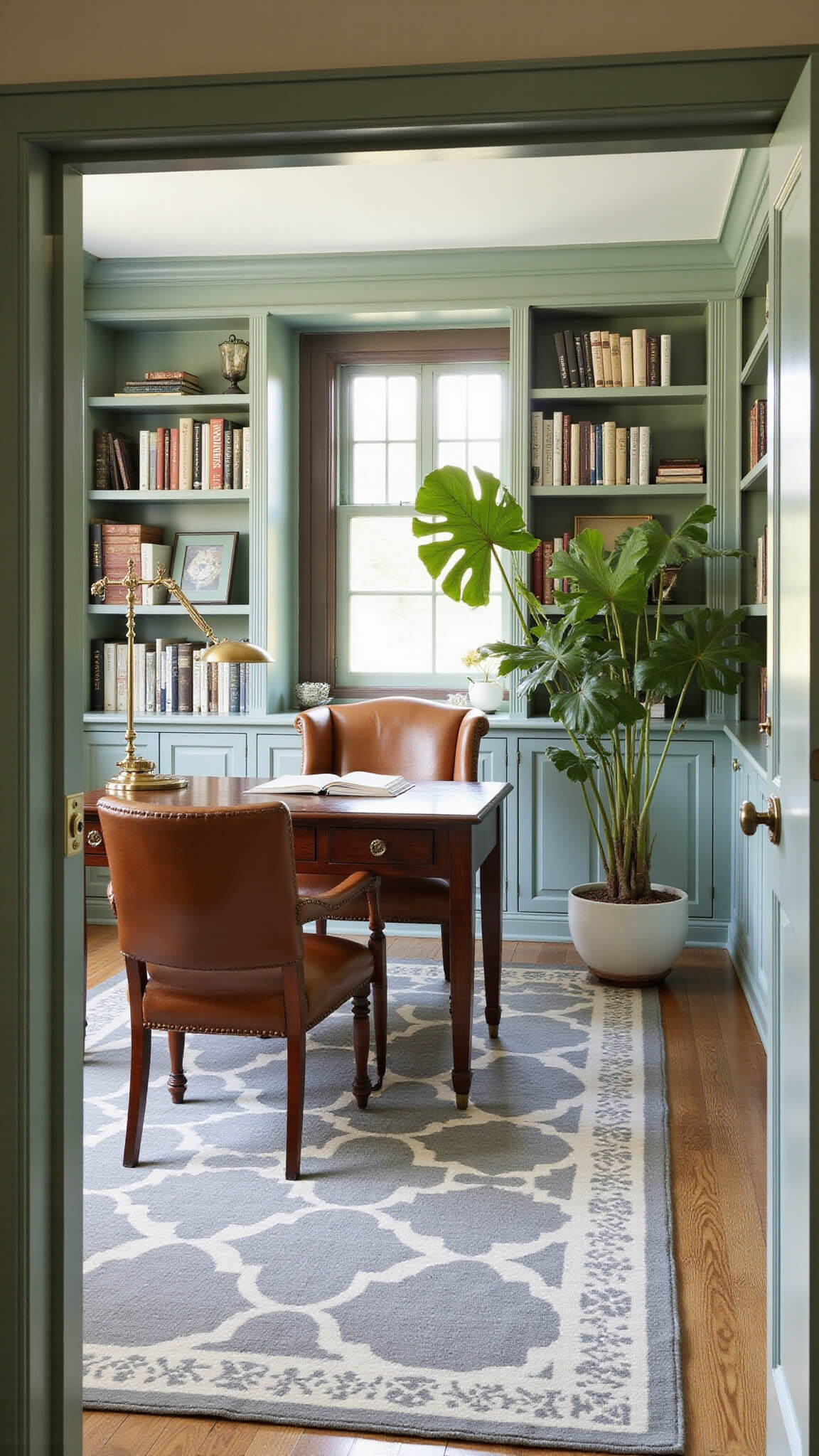Stylish home office with sage green bookshelves, antique mahogany desk, leather wingback chair, and geometric rug, lit by afternoon sun through a fiddle leaf fig.