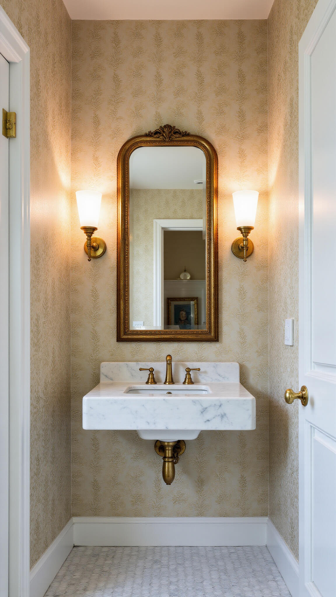 Symmetrical powder room with metallic botanical wallpaper, floating marble vanity, brass fixtures, vintage gilded mirror, warm sconces, and white penny tile floor.
