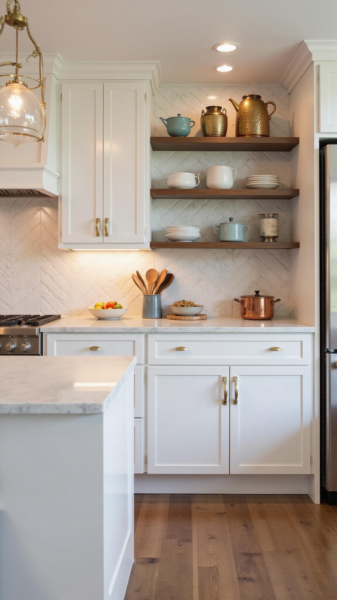 Sunlit kitchen with white Shaker cabinets, Carrara marble counters, brass hardware, vintage pendants, open shelves with ceramics and copperware, and herringbone marble backsplash.